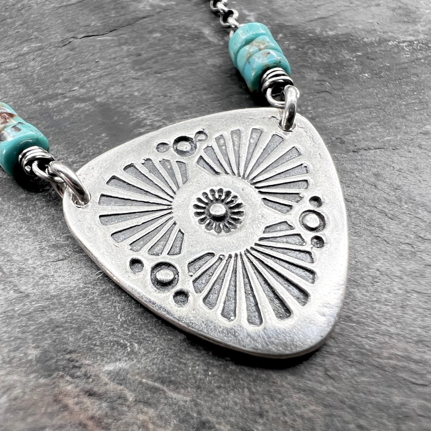 Genuine Turquoise Sterling Silver Necklace | Natural Stone and Stamped Triangular Pendant