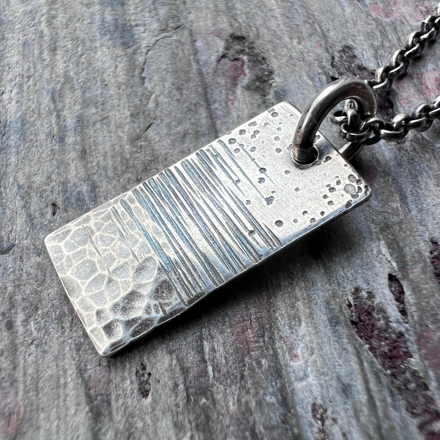 Sterling Silver Hammered Necklace | Artsy Multi Textured Rectangle Pendant