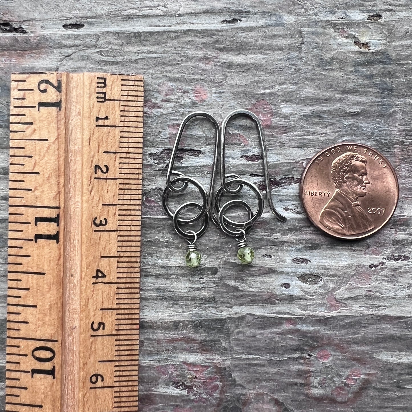 Customizable Sterling Silver Birthstone Earrings | Genuine Gemstone and Small Hammered Circles Dangle Earrings