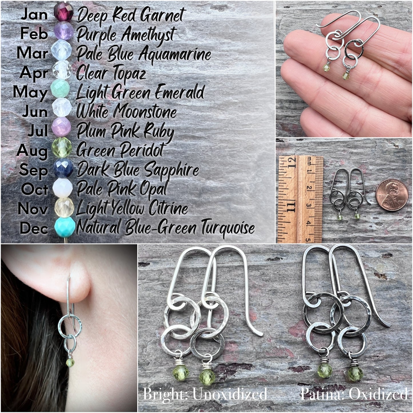 Customizable Sterling Silver Birthstone Earrings | Genuine Gemstone and Small Hammered Circles Dangle Earrings