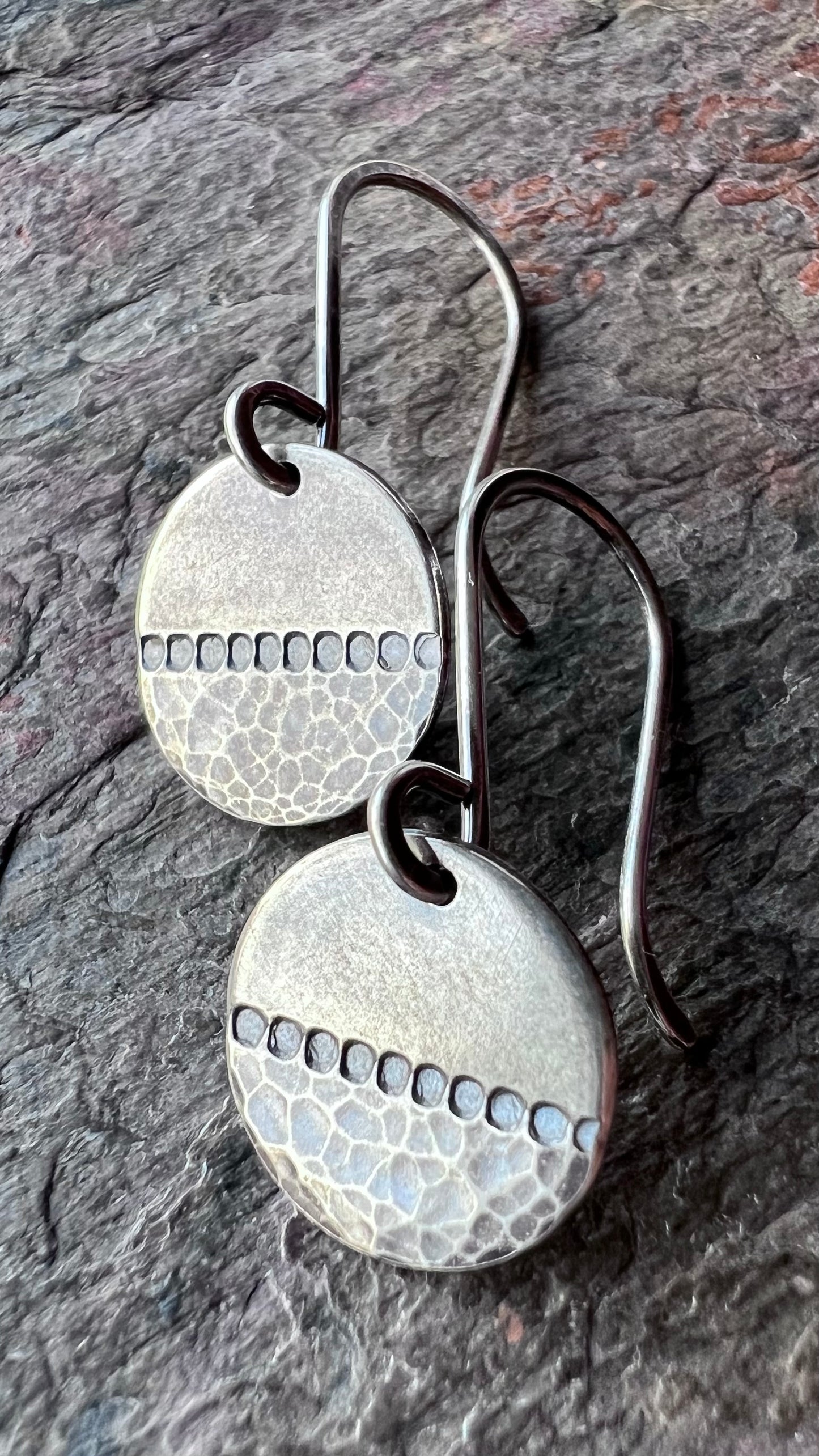 Sterling Silver Circle Earrings with Hammered and Stamped Design