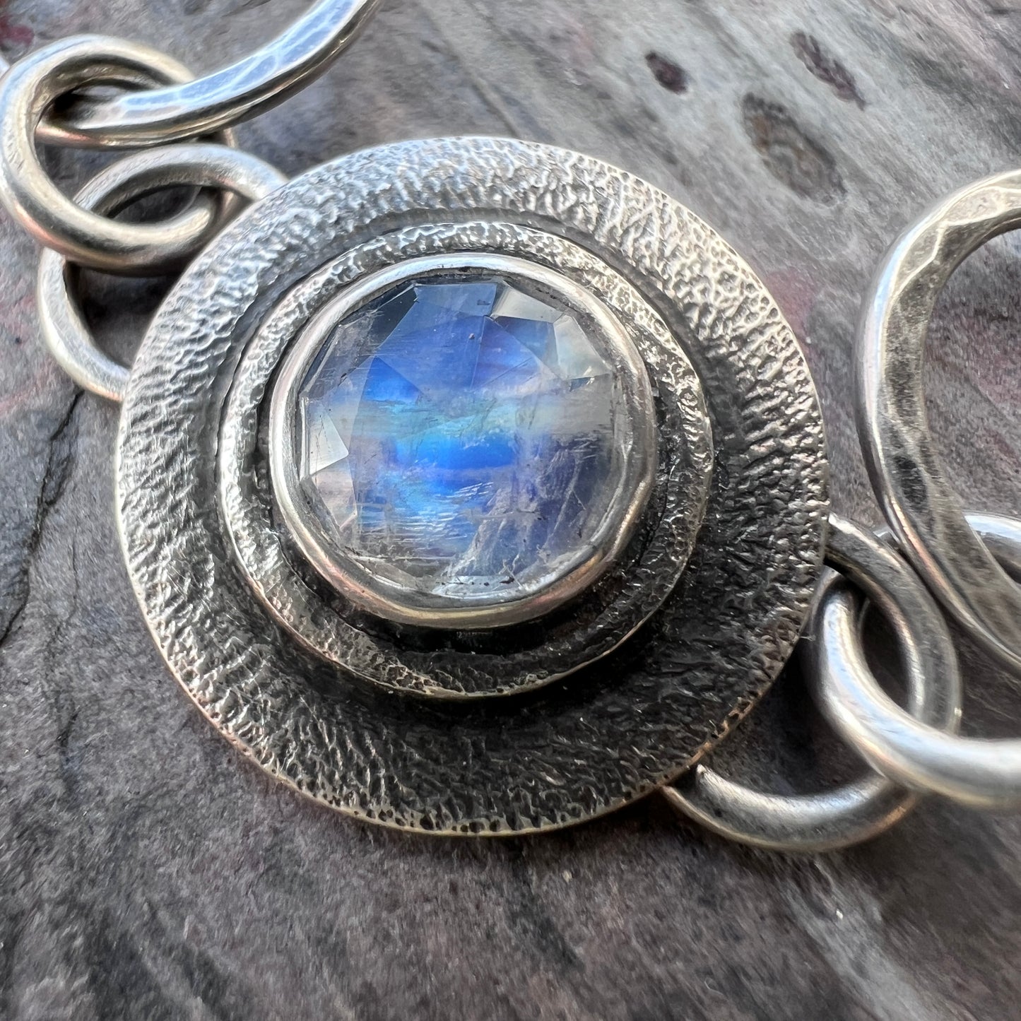 Sterling Silver Rainbow Moonstone Bracelet | Natural Stone Hammered Silver Bracelet