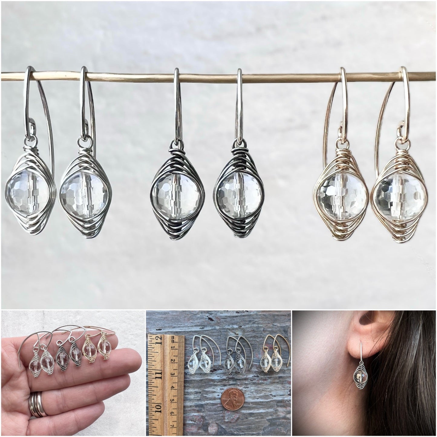 Sterling Silver Crystal Quartz Earrings | Genuine Rock Crystal Wire-wrapped Silver or Gold Dangle Earrings