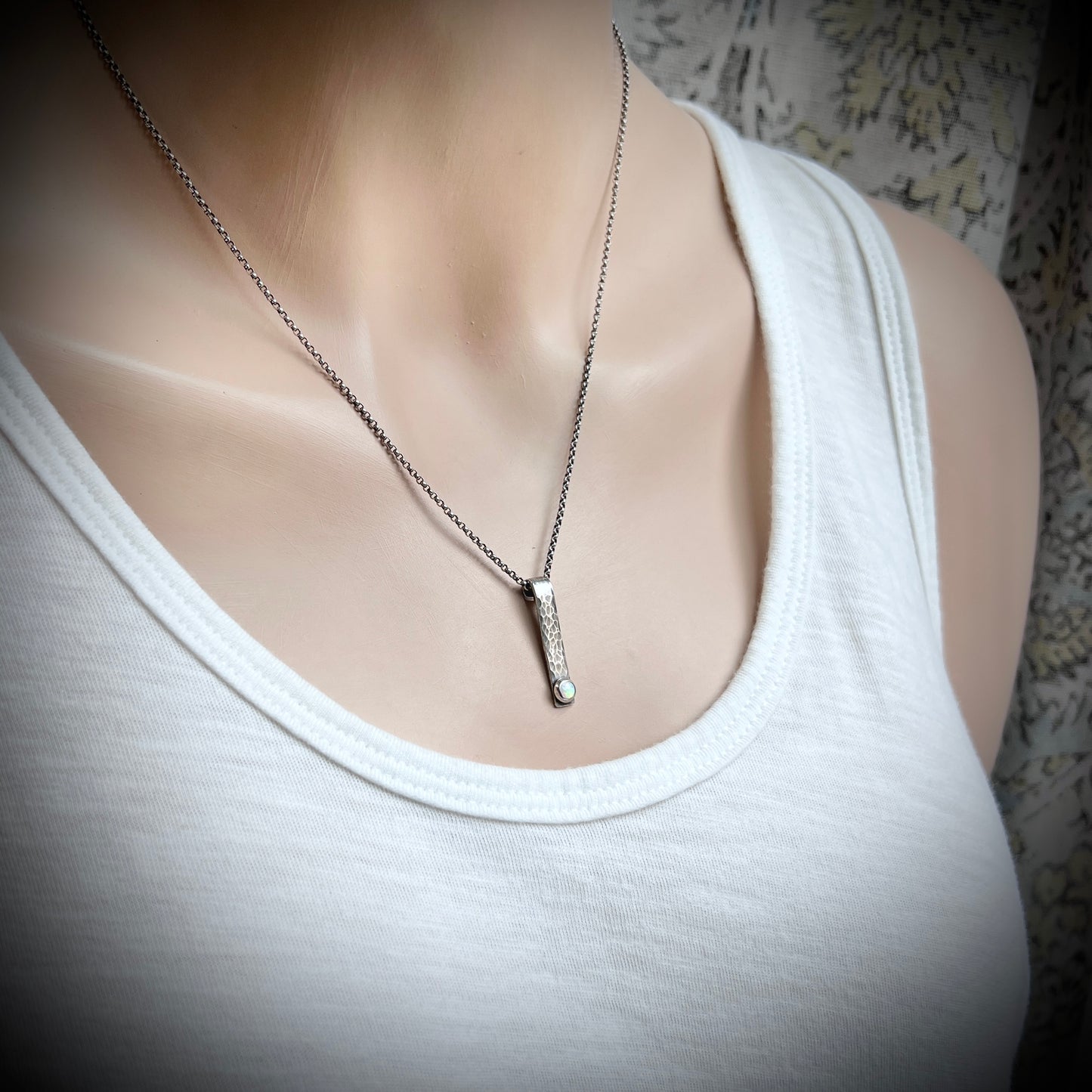 Opal and Sterling Silver Bar Necklace - Hammered Sterling Silver Bar and Simulated Opal Cabochon Pendant Necklace