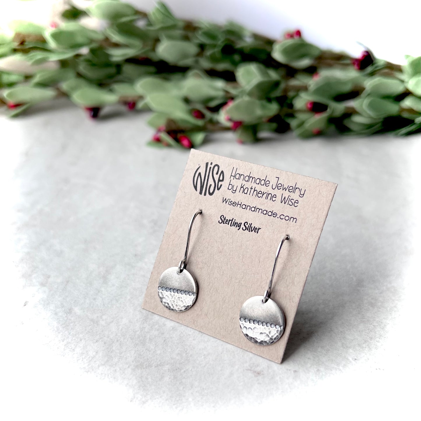 Sterling Silver Circle Earrings with Hammered and Stamped Design
