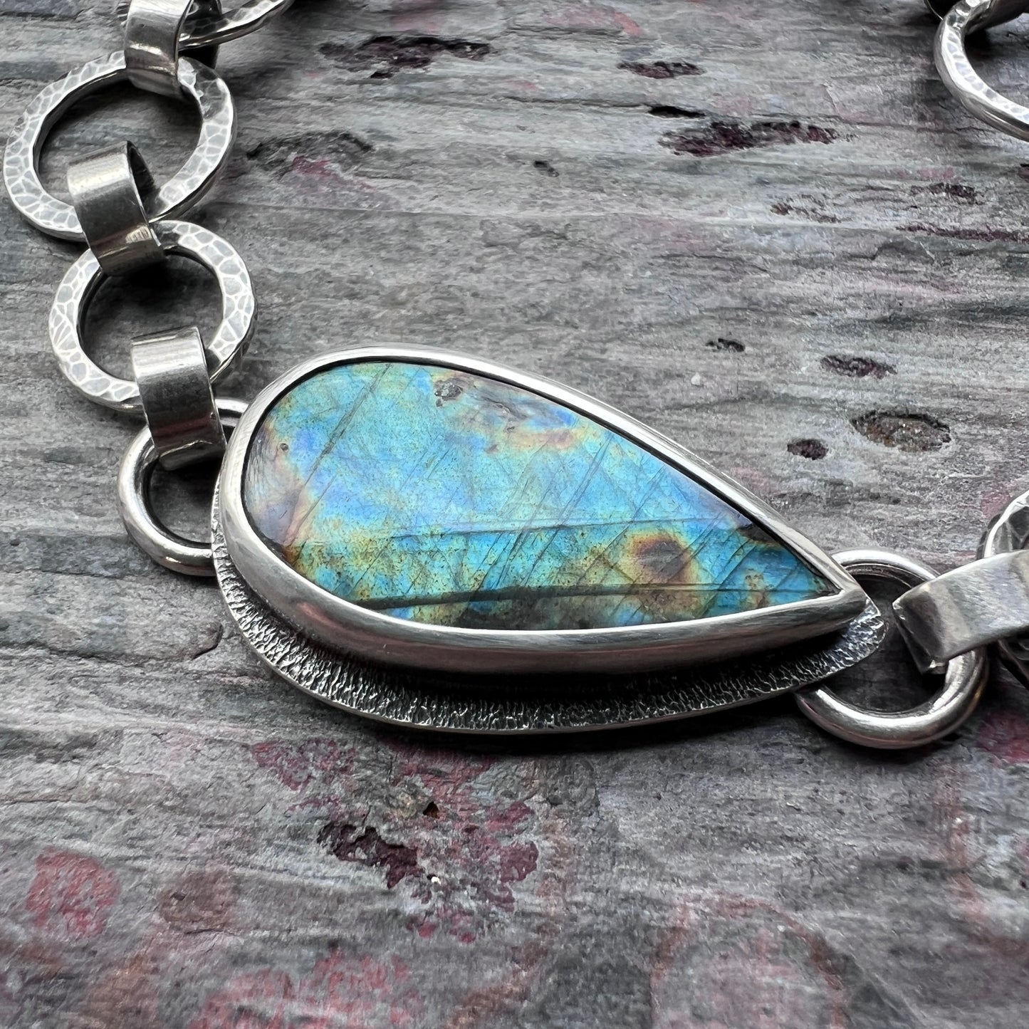 Labradorite Sterling Silver Bracelet | One-of-a-kind Natural Stone Hammered Link Bracelet