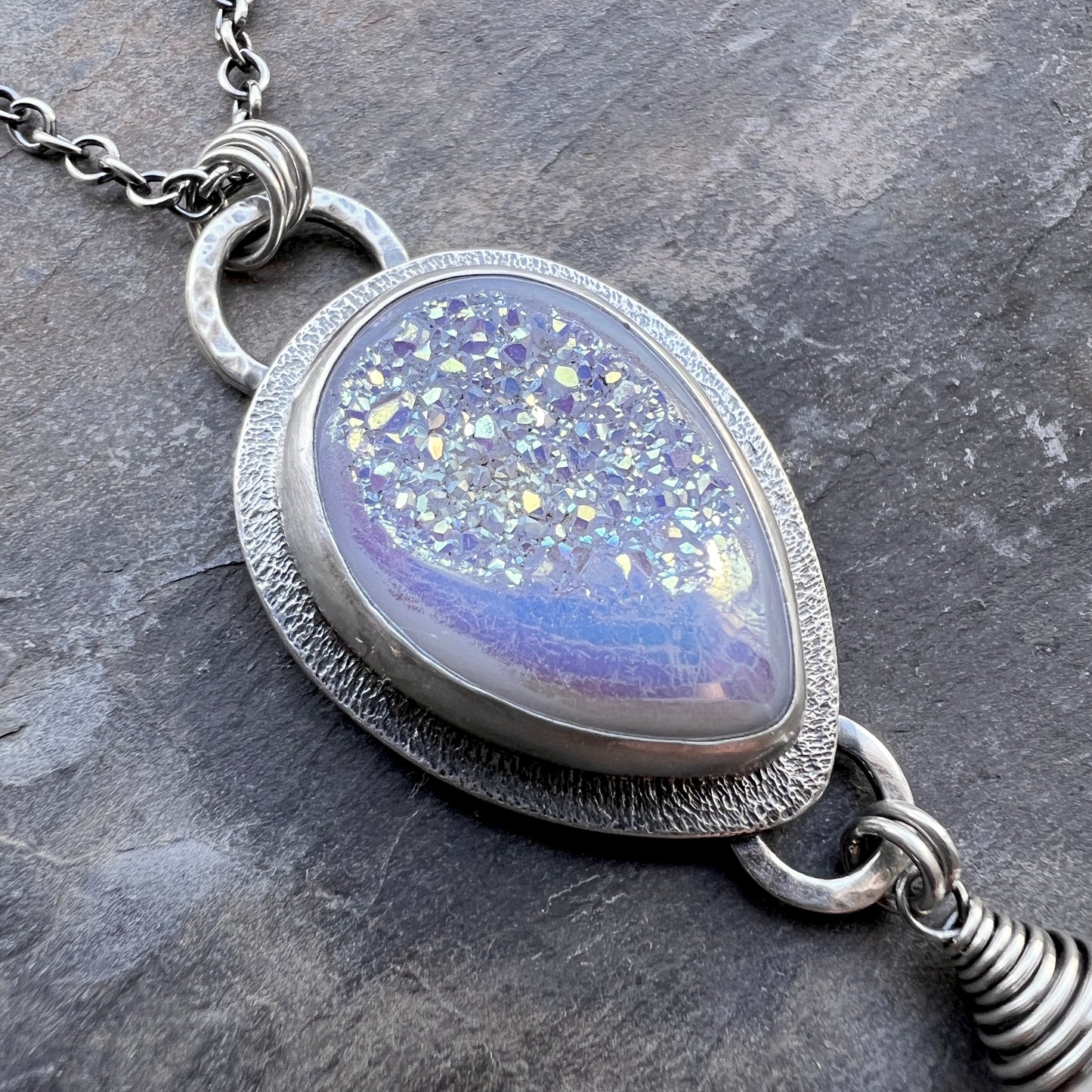 Sterling Silver Rainbow Moonstone and Druzy Necklace | Handmade One-of-a-Kind Stone Pendant