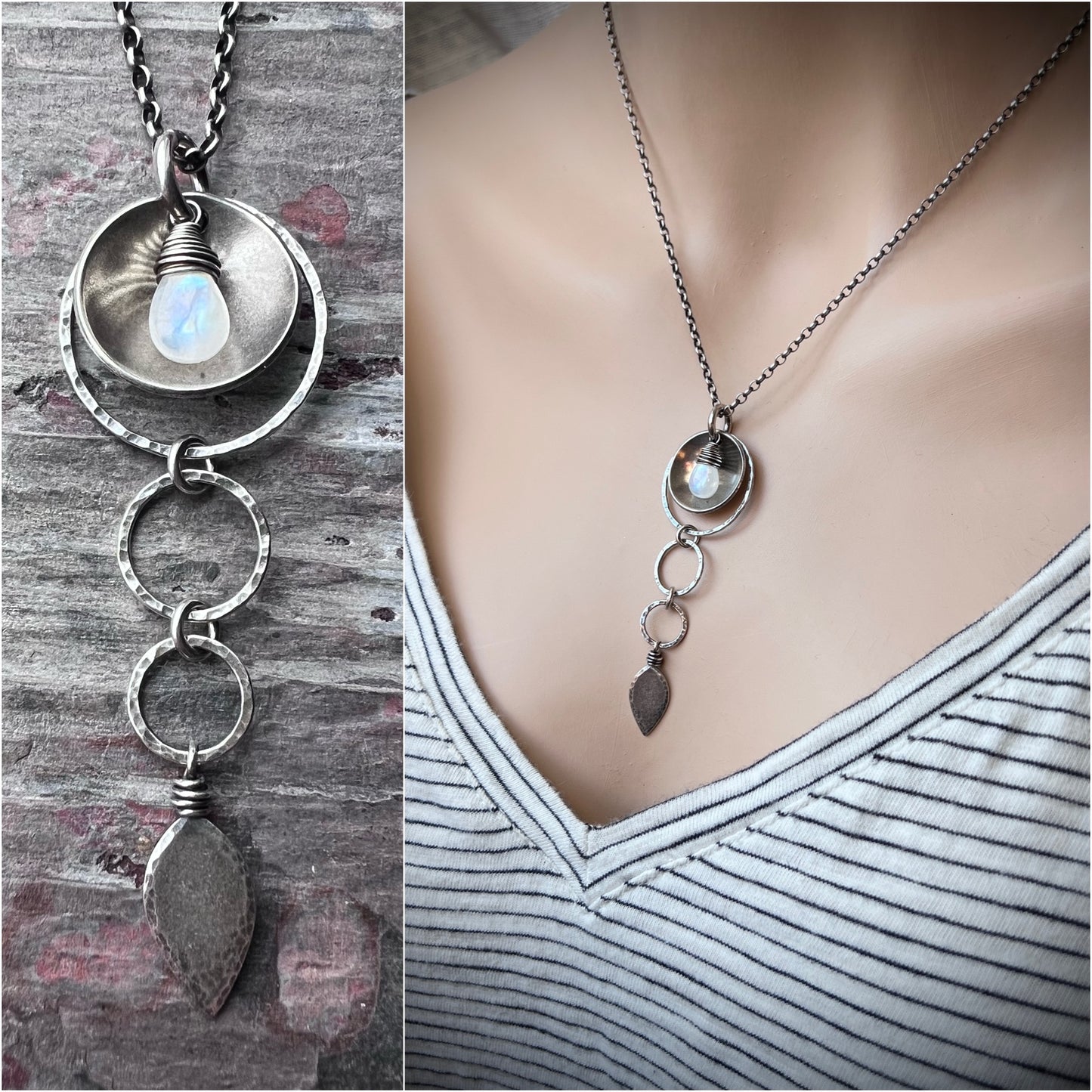 Sterling Silver Rainbow Moonstone Necklace | Hammered Silver Rings and Moonstone Pendant Necklace