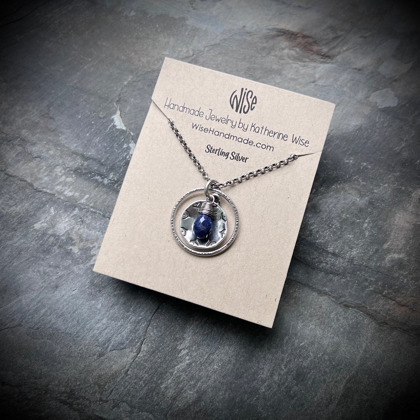 Genuine Sapphire Sterling Silver Necklace | Dark Blue Gemstone Stamped Circle Pendant