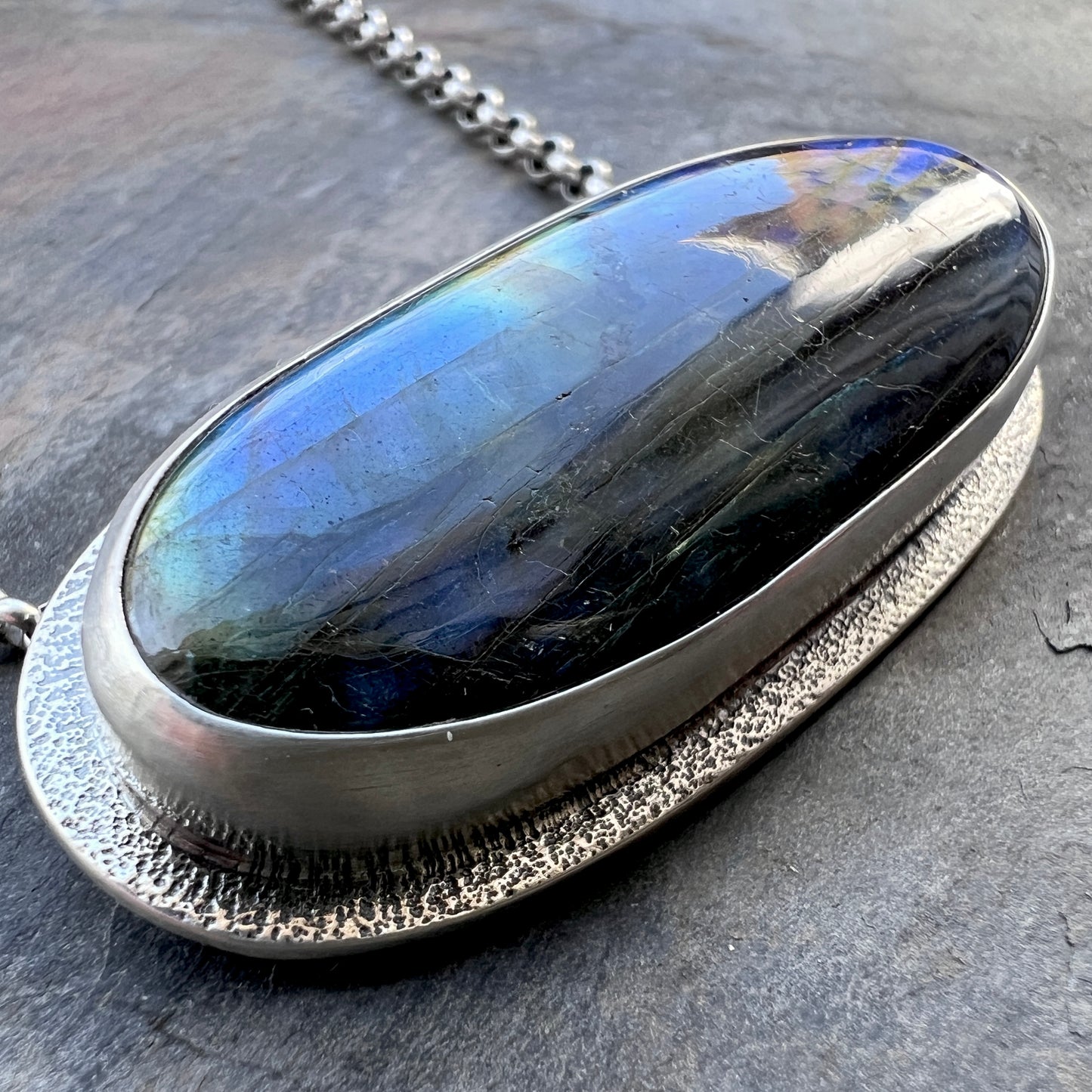Sterling Silver Labradorite Necklace | Natural Stone Wide Oval Pendant