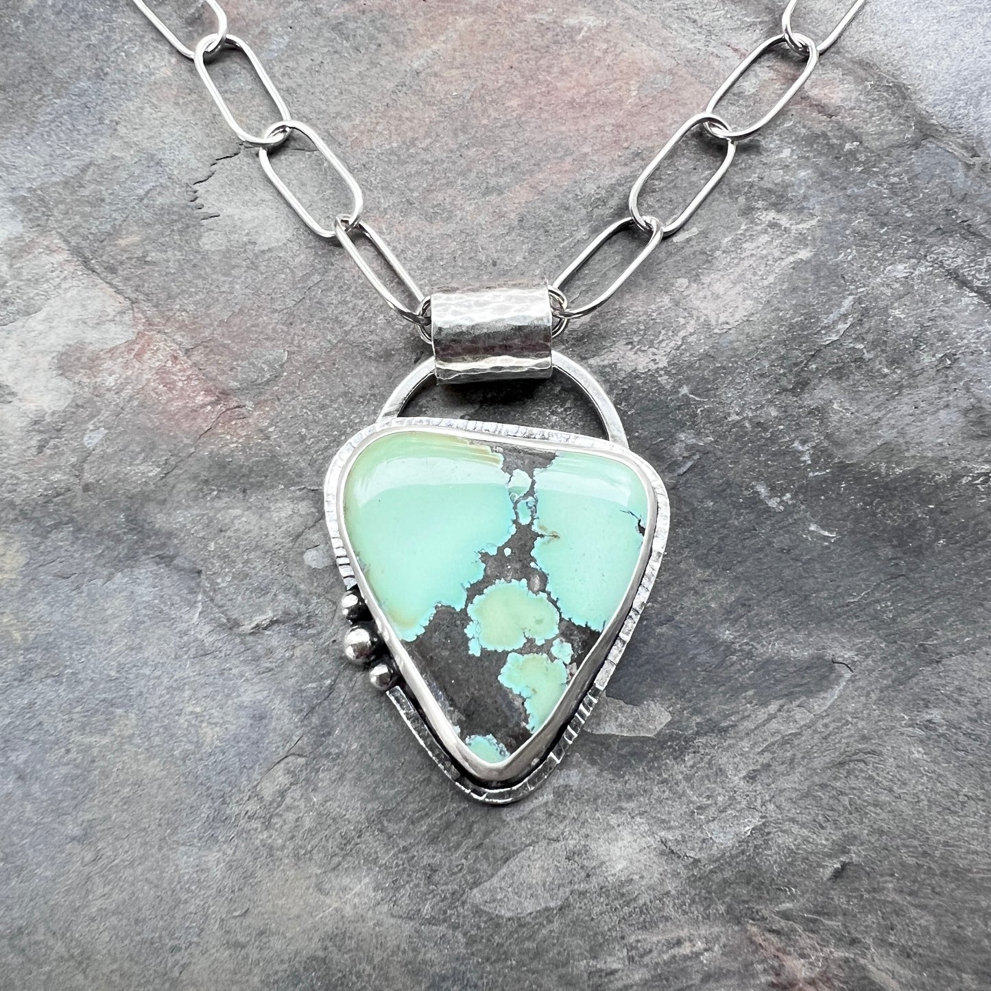 Sterling Silver Turquoise Necklace | Large Genuine Turquoise Pendant on Handmade Chain
