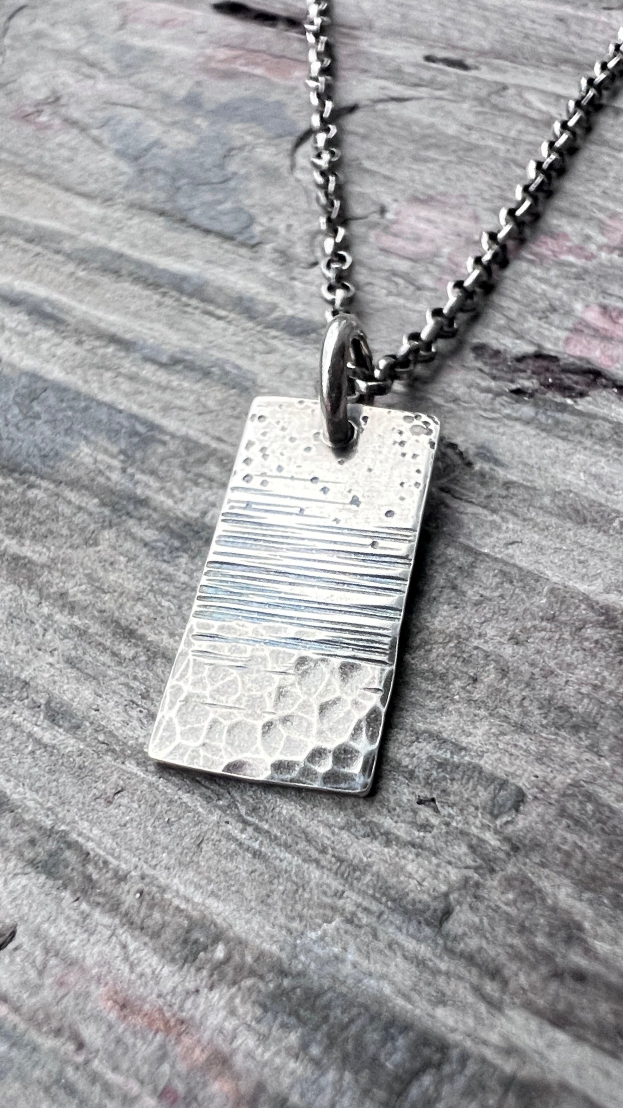 Sterling Silver Hammered Necklace | Artsy Multi Textured Rectangle Pendant