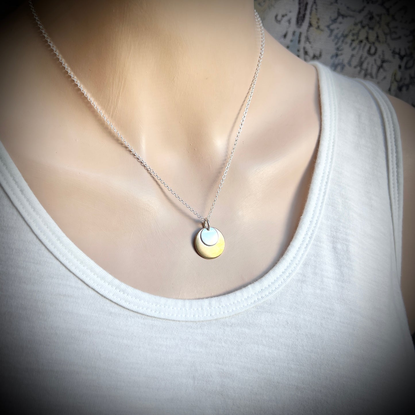 Sterling Silver and Gold Brass Necklace | Mixed Metal Layered Circle Pendant