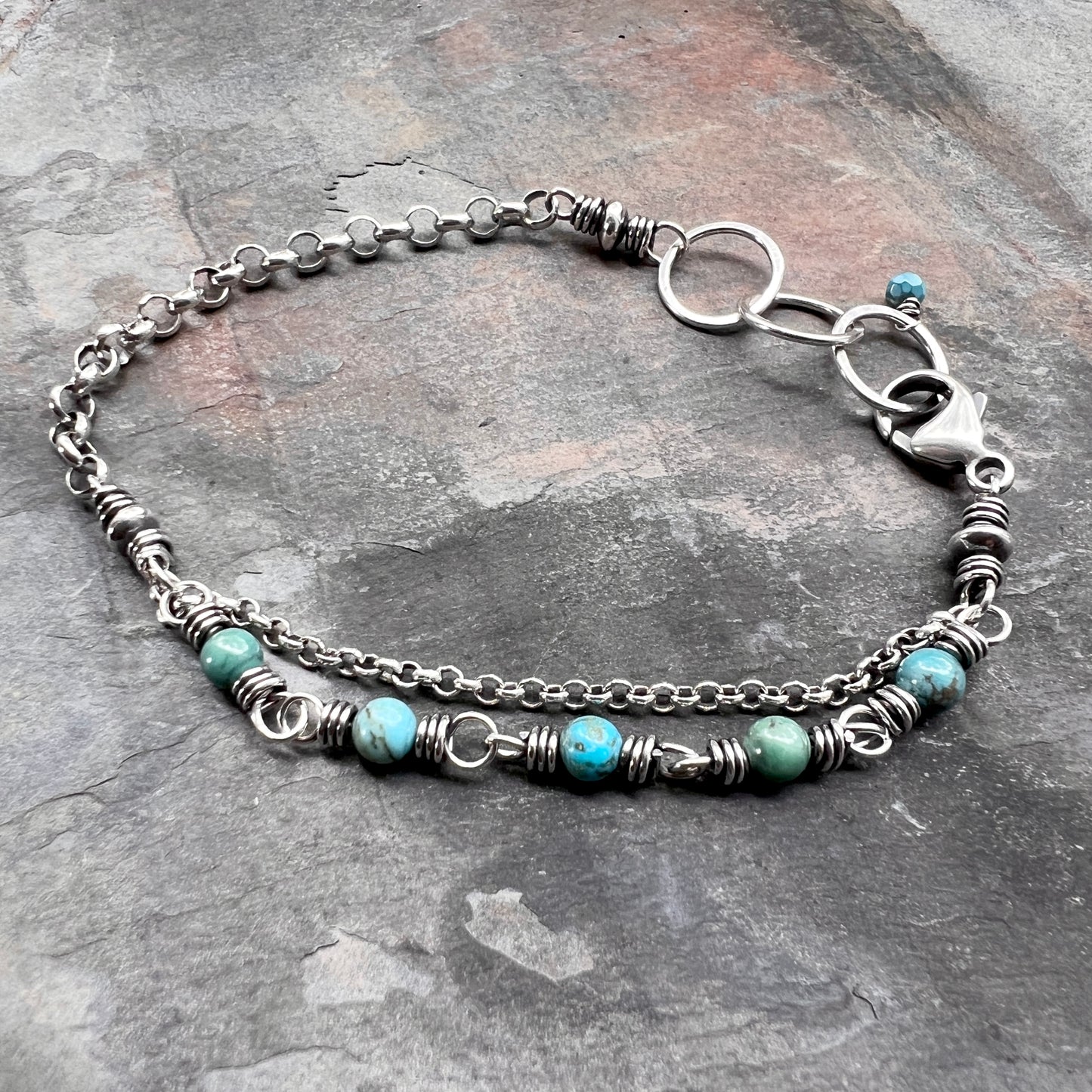 Sterling Silver Turquoise Bracelet | Genuine Turquoise Wire-wrapped Chain Bracelet