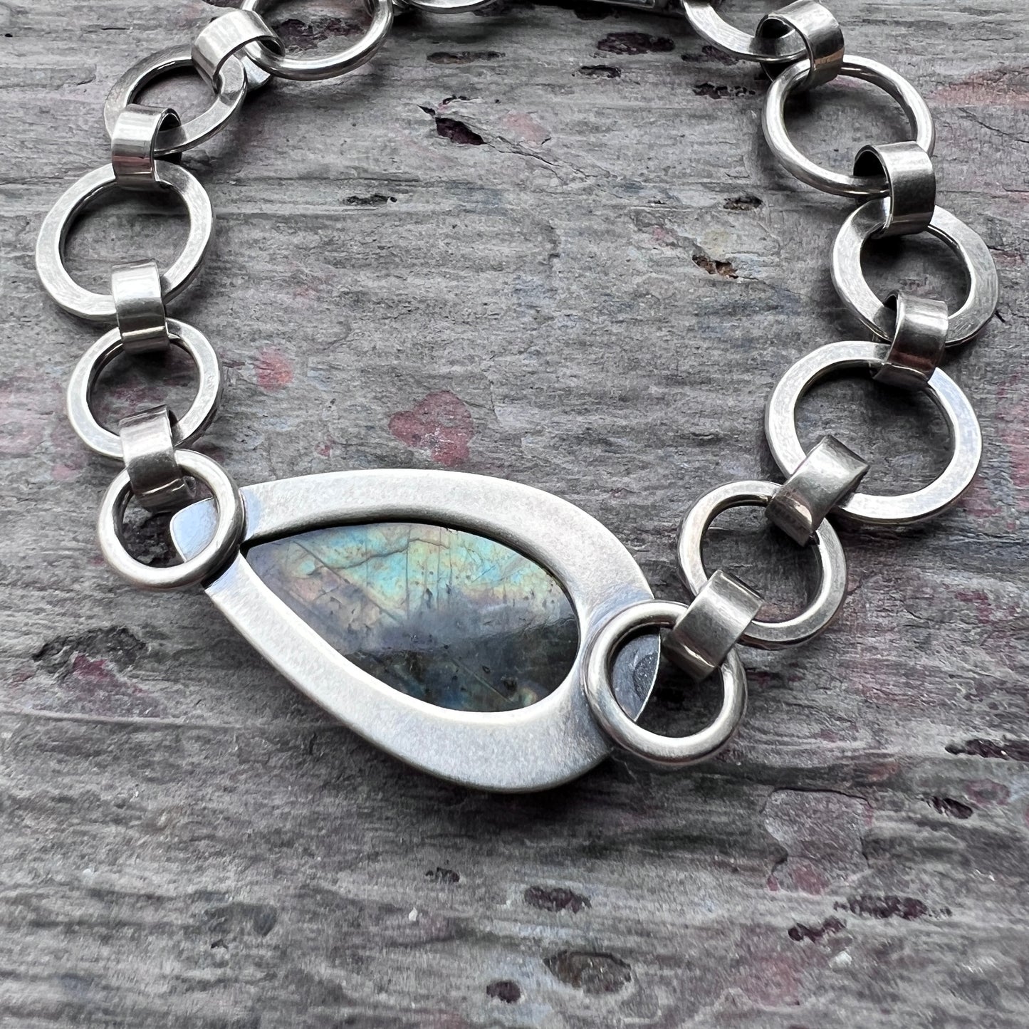 Labradorite Sterling Silver Bracelet | One-of-a-kind Natural Stone Hammered Link Bracelet