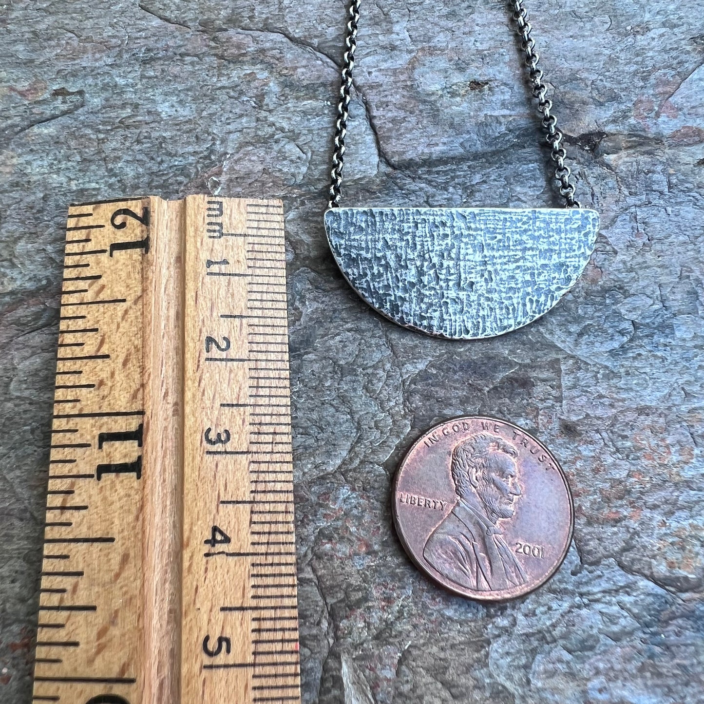 Sterling Silver Semicircle Necklace - Textured Half Moon Sterling Silver Pendant on Sterling Silver Chain