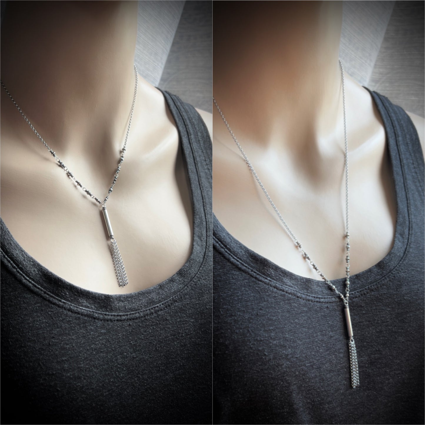 Sterling Silver Beaded Tassel Necklace | Long Wire-Wrapped Drop Pendant