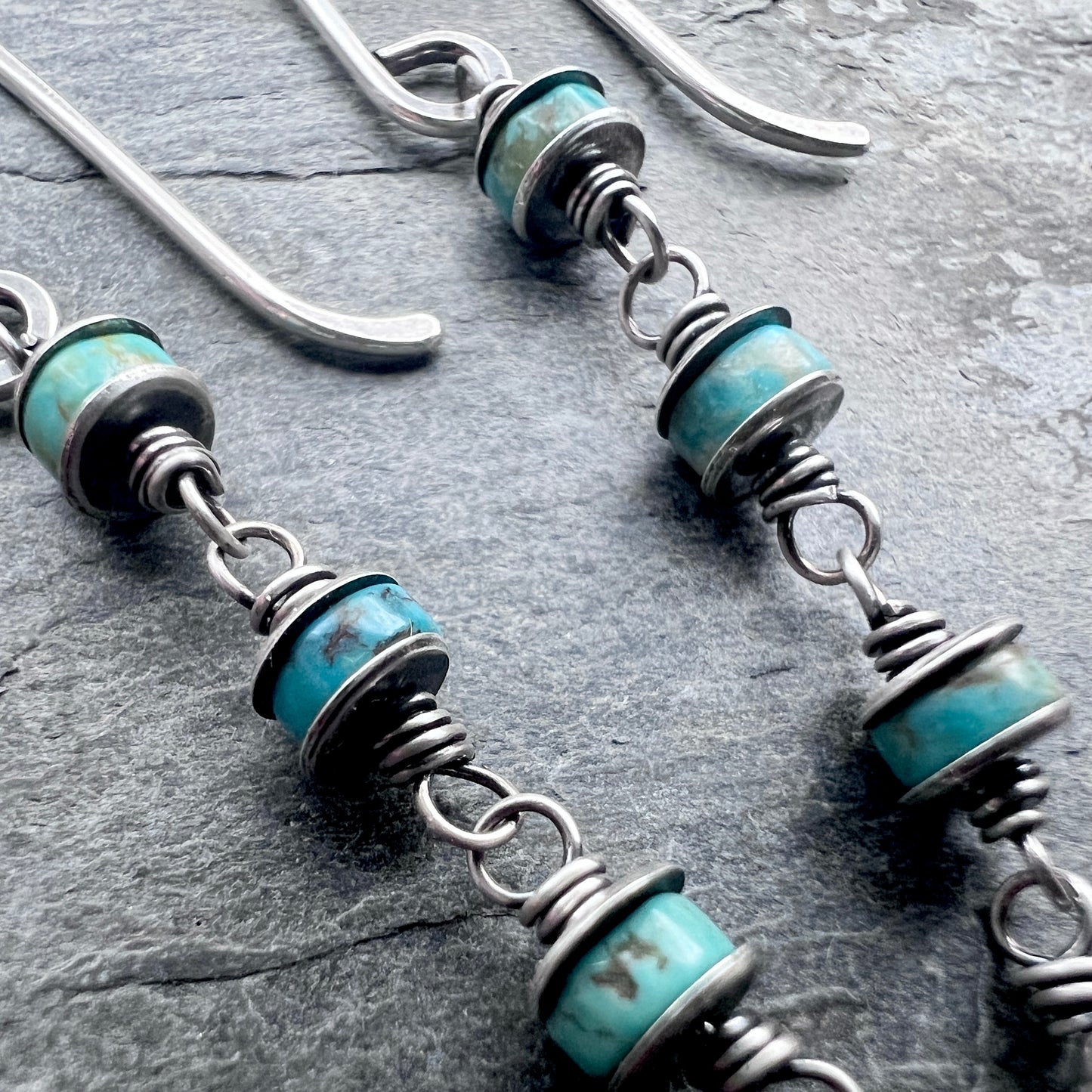 Genuine Turquoise Sterling Silver Earrings | Natural Stone Wire-wrapped Beads Dangle Earrings