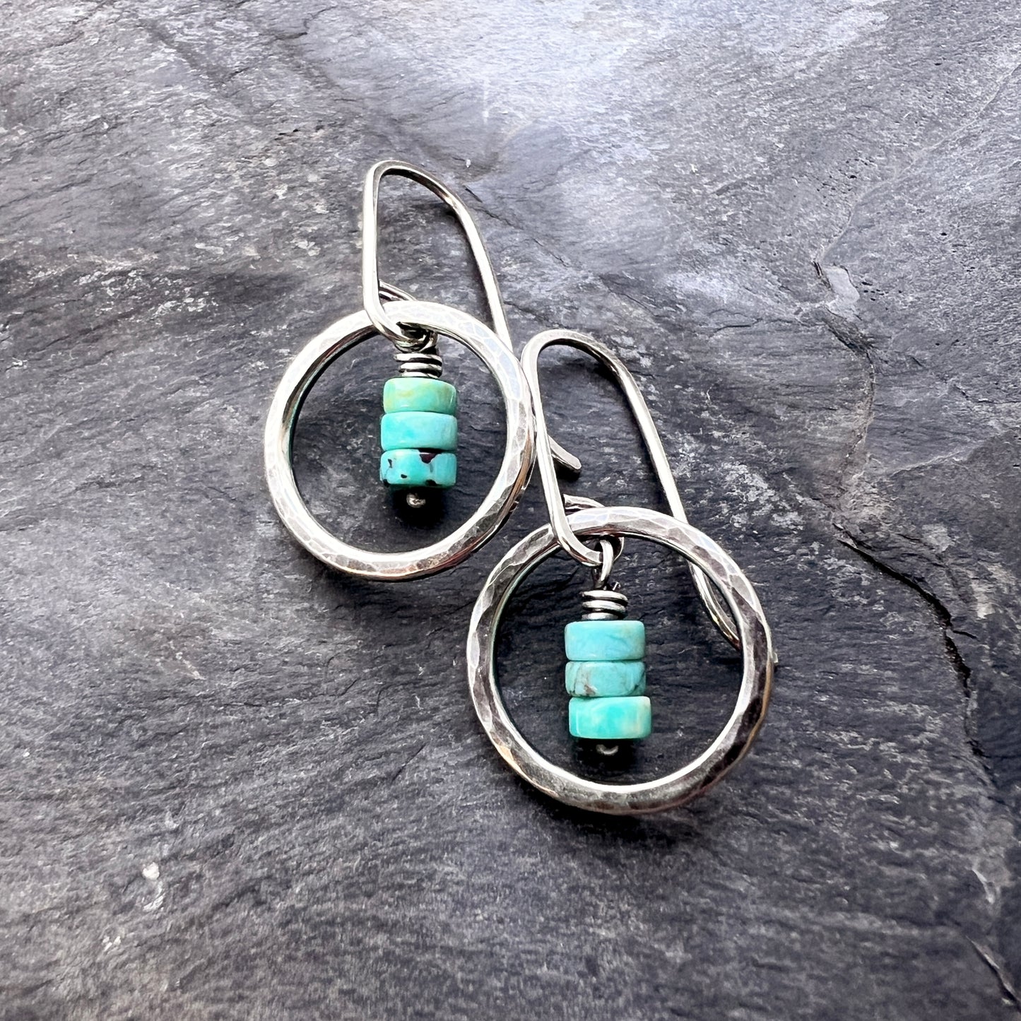 Turquoise Sterling Silver Earrings - Genuine Turquoise in Hammered Circles