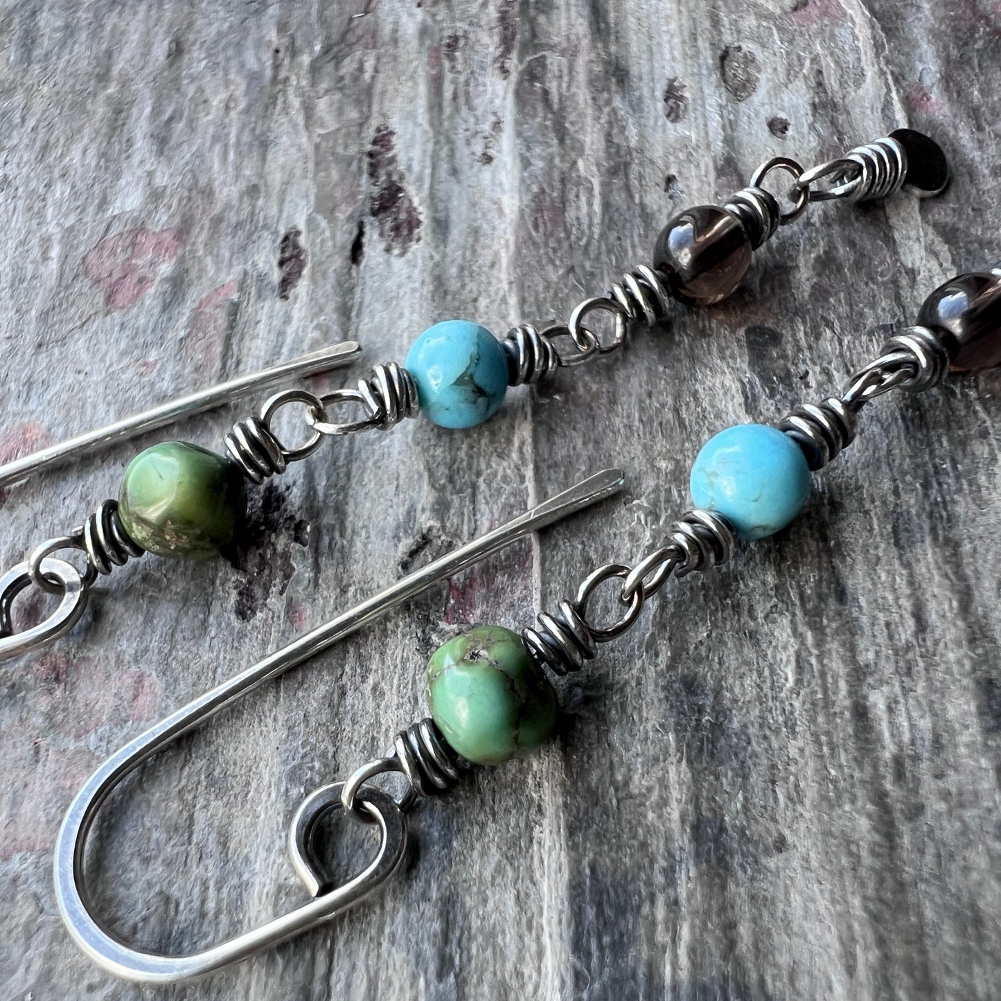 Sterling Silver Turquoise and Smoky Quartz Earrings | Natural Stone Long Dangle Earrings