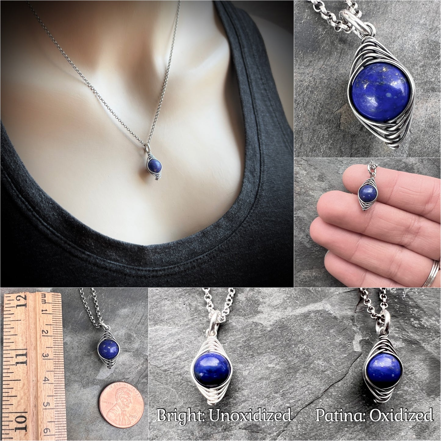 Sterling Silver Lapis Lazuli Necklace | Blue Natural Stone Wire-wrapped Pendant