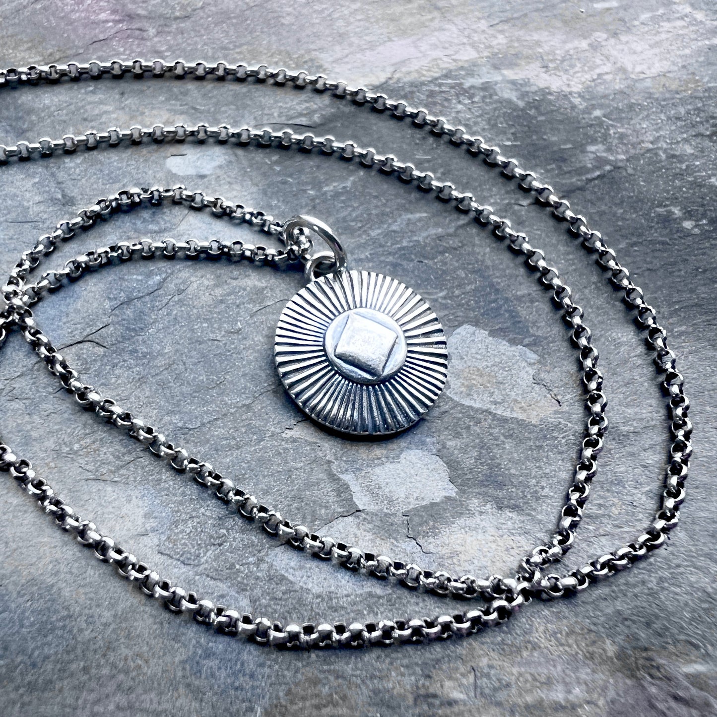Sterling Silver Diamond Circle Necklace | Small Stamped Silver Pendant on Lightweight Chain