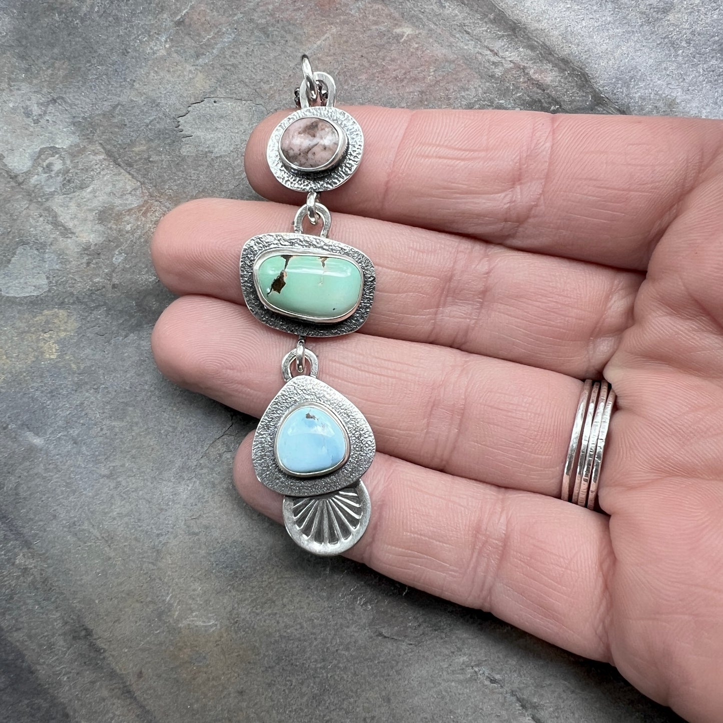 Turquoise and Rhodonite Sterling Silver Necklace | Artisan One-of-a-kind Multi Stone Pendant