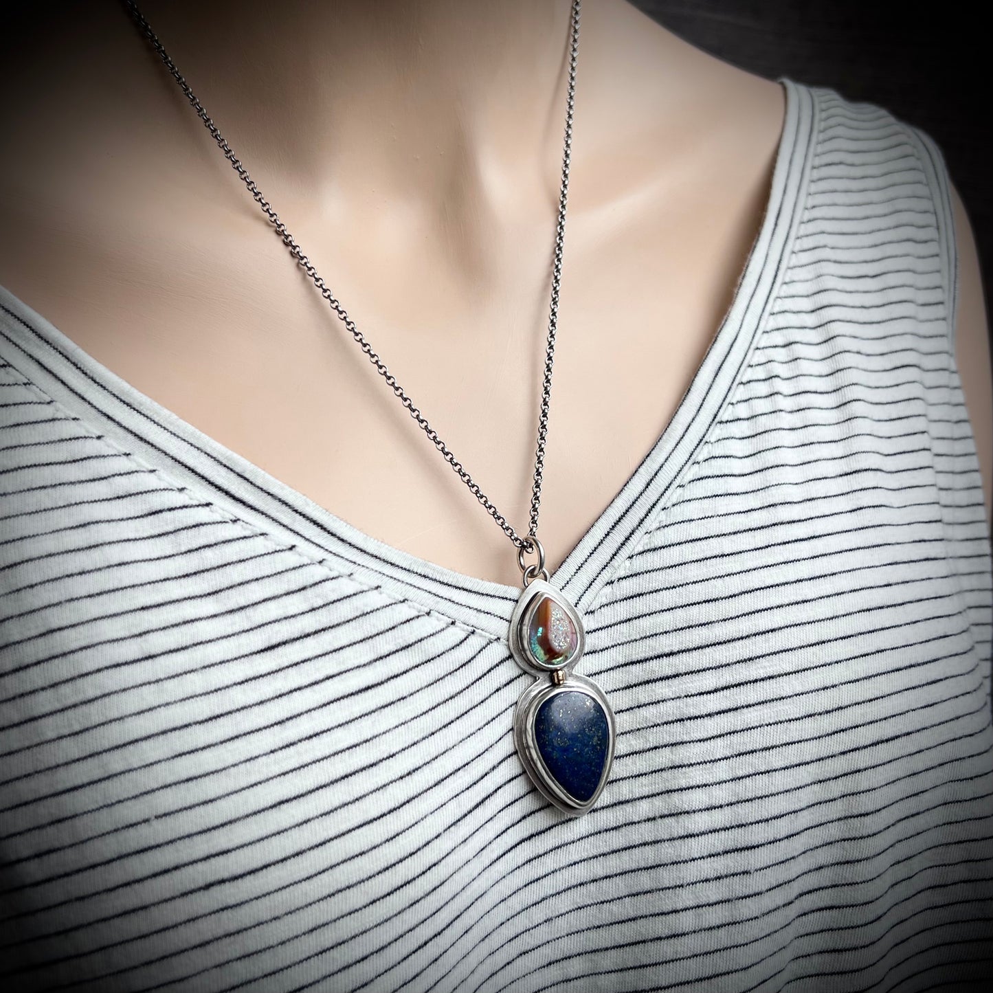 Sterling Silver Lapis Lazuli Necklace One of a Kind Raw Druzy