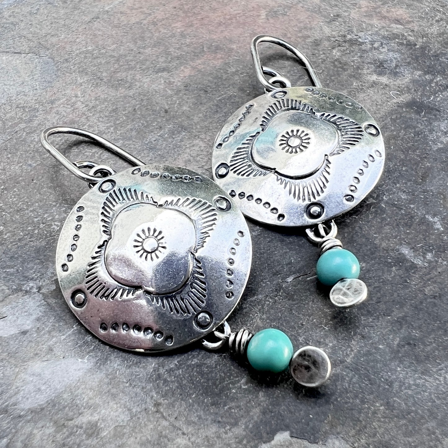 Sterling Silver Turquoise Earrings | Stamped Dangle Earrings with Genuine Turquoise Stone Beads
