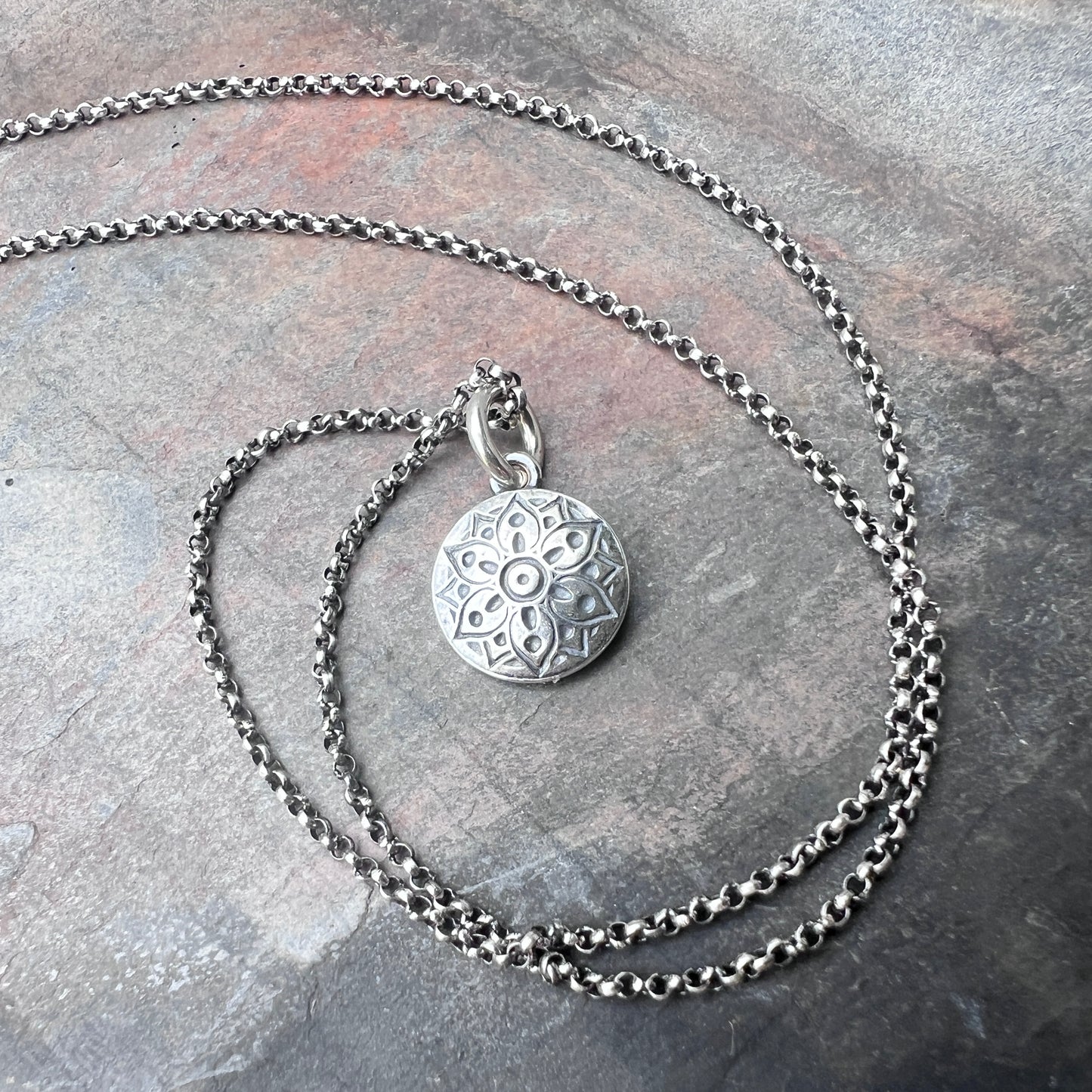 Sterling Silver Small Flower Medallion Necklace | Stamped Silver Circle Pendant on Lightweight Chain