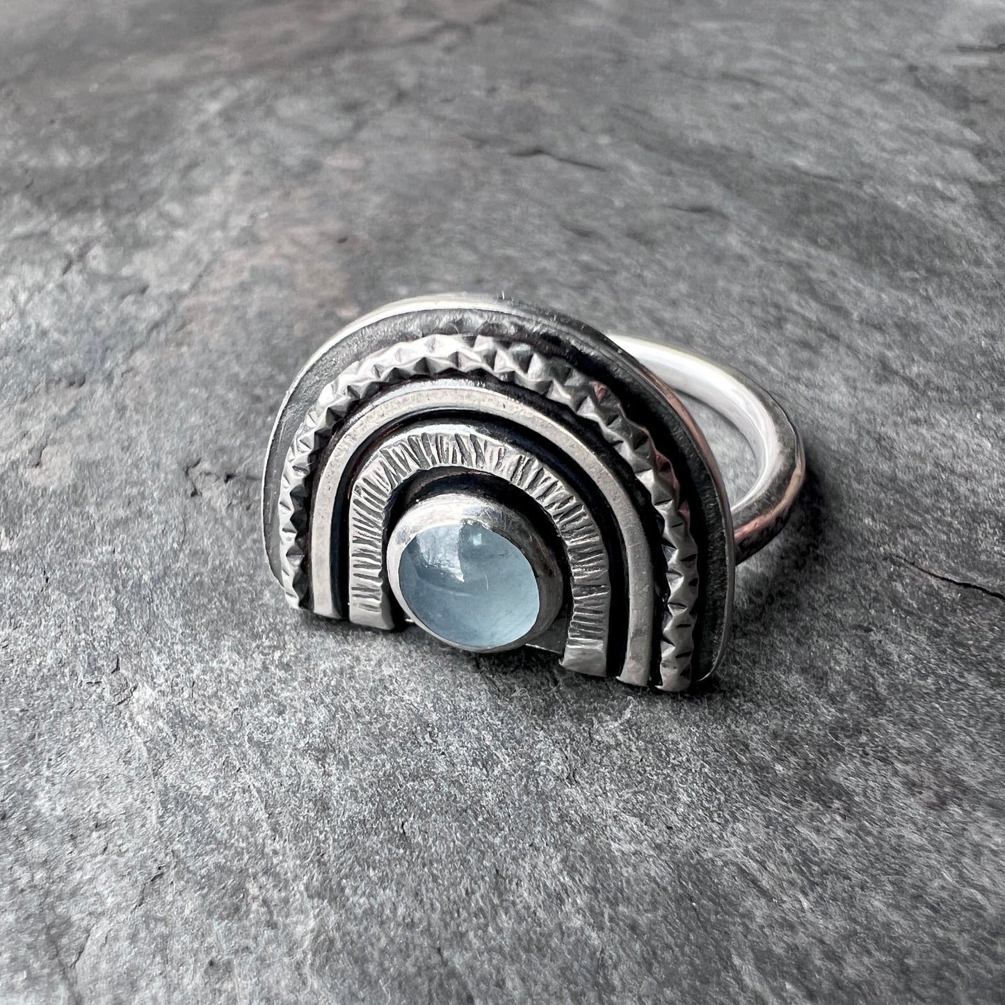 Genuine Aquamarine Sterling Silver Ring | Light Blue Natural Stone Arch Ring