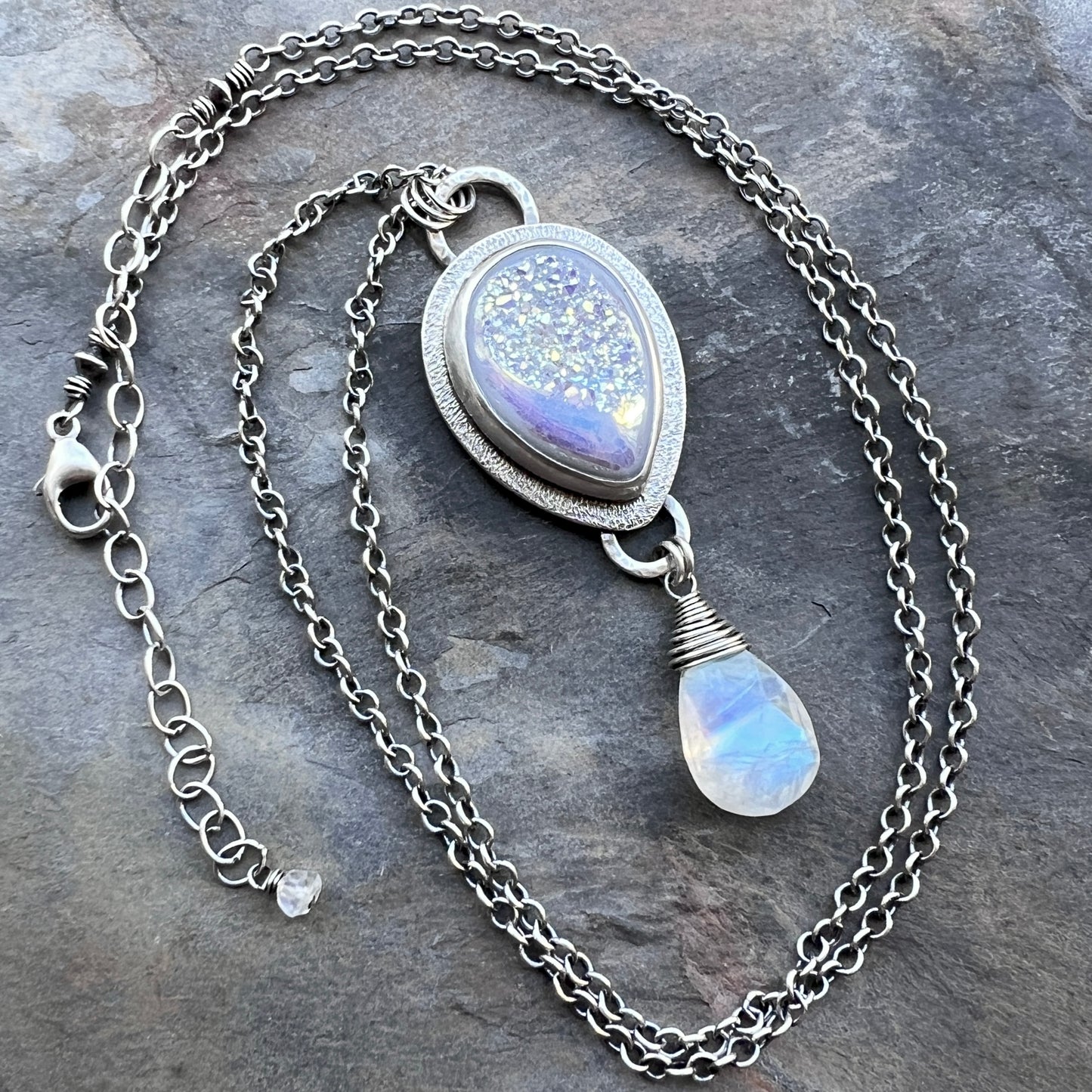 Sterling Silver Rainbow Moonstone and Druzy Necklace | Handmade One-of-a-Kind Stone Pendant