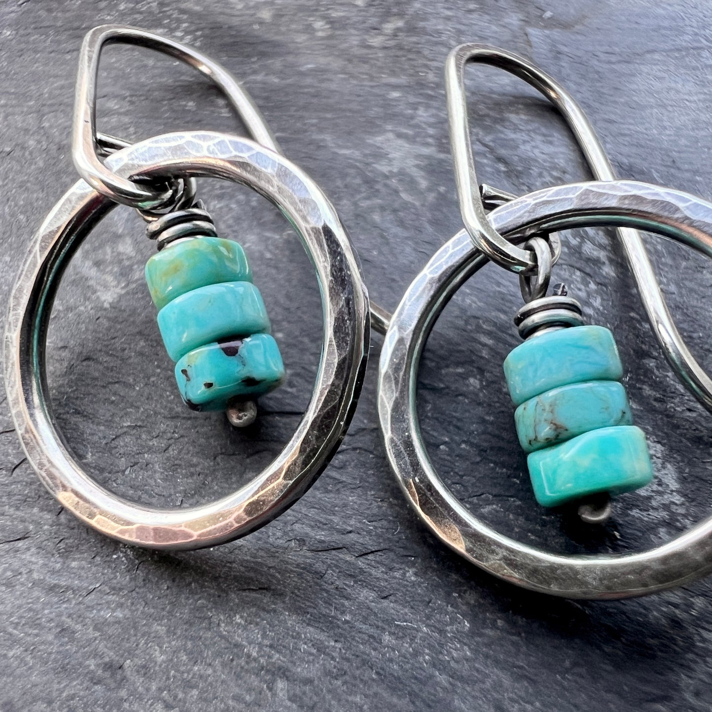 Turquoise Sterling Silver Earrings - Genuine Turquoise in Hammered Circles