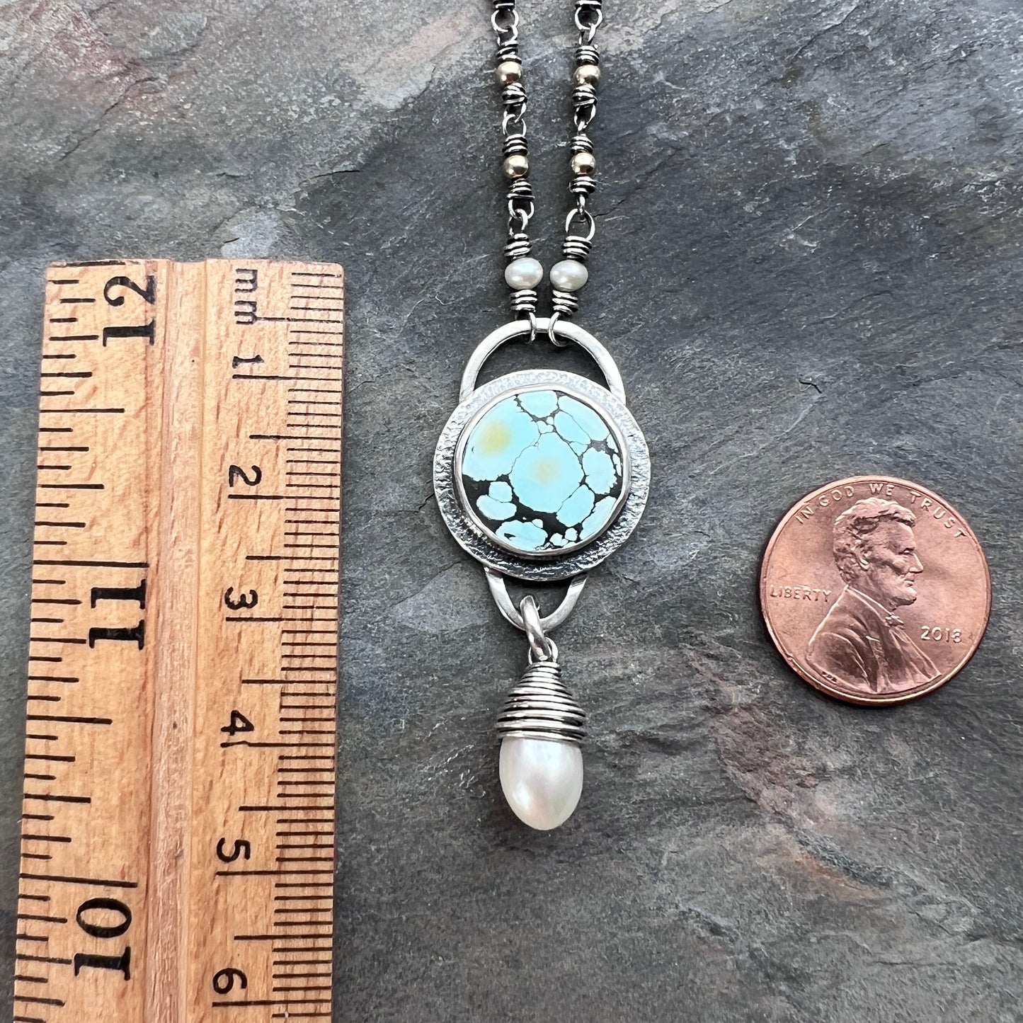 Sterling Silver Turquoise and Pearl Necklace | Natural Turquoise Cabochon with Wire-wrapped Pearl Pendant