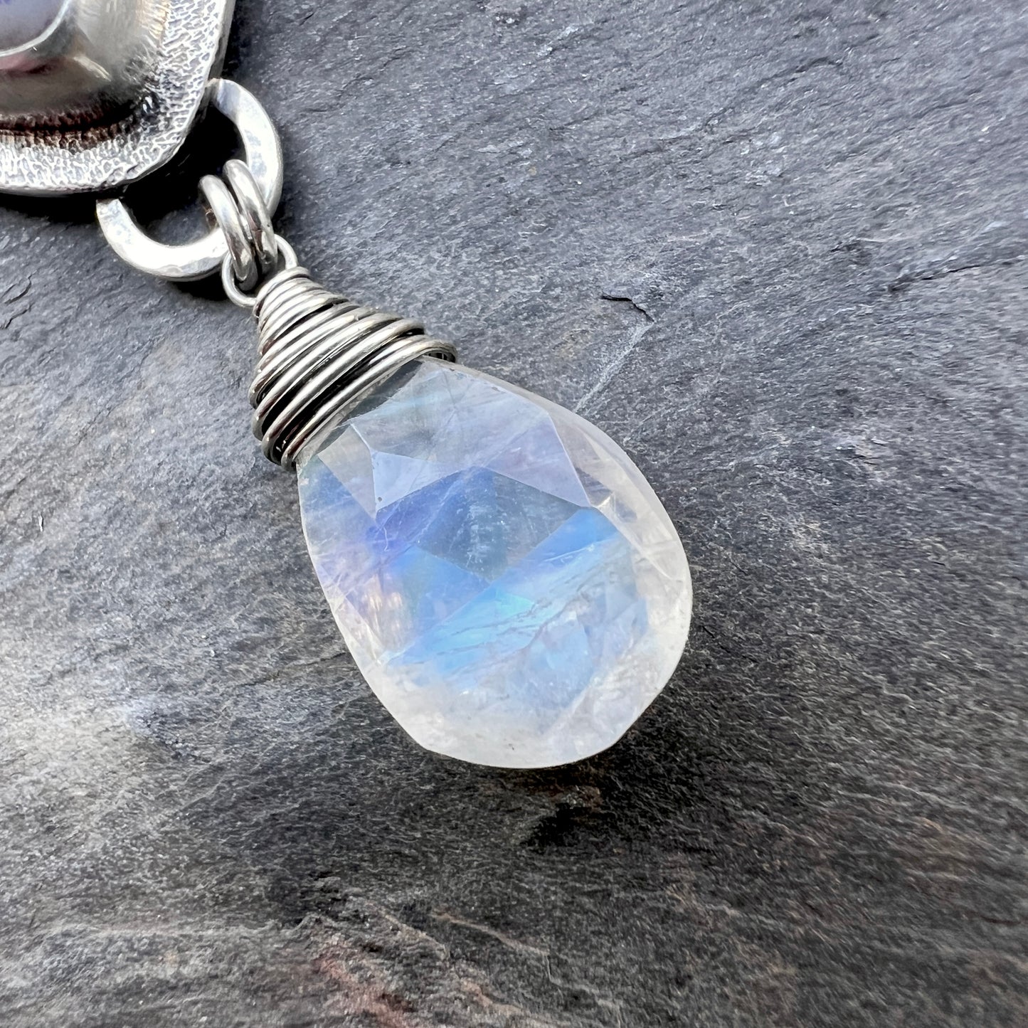 Sterling Silver Rainbow Moonstone and Druzy Necklace | Handmade One-of-a-Kind Stone Pendant