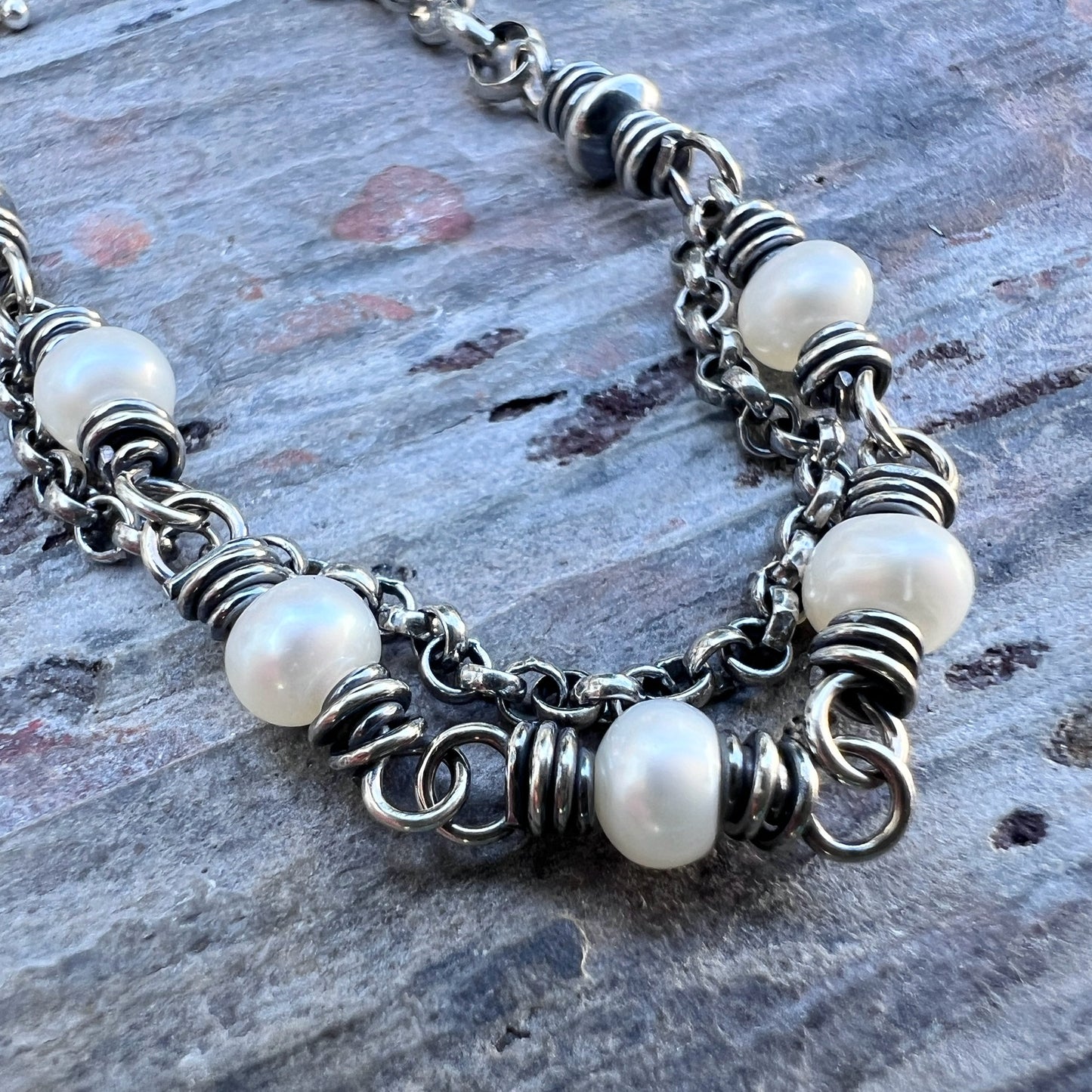 Sterling Silver Pearl Bracelet | Beaded Natural Pearl Adjustable Bracelet