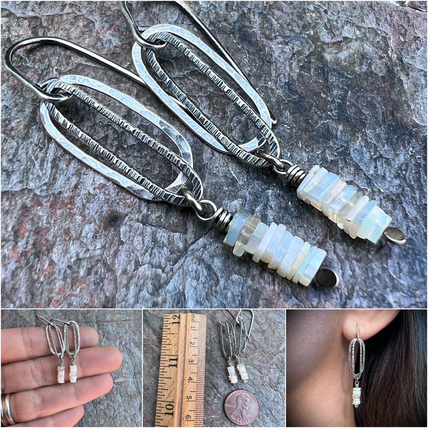 Genuine Opal Sterling Silver Earrings - Natural Opal on Elongated Hammered Dangles