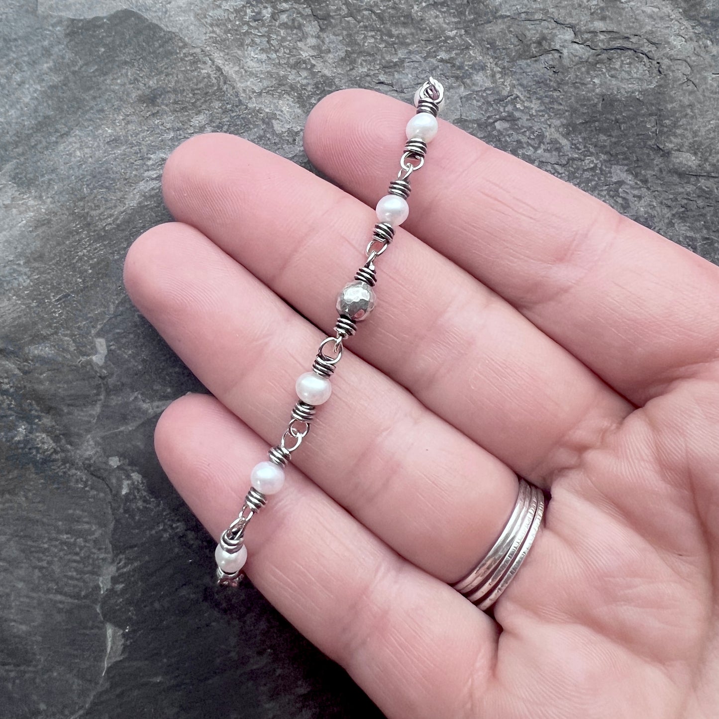 Sterling Silver Pearl Bracelet | Wire-wrapped Natural Pearl and Hammered Ball Bracelet