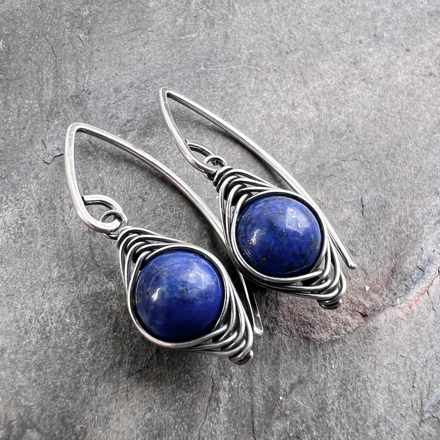 Sterling Silver Lapis Lazuli Earrings | Blue Natural Stone Wire-wrapped Dangle Earrings