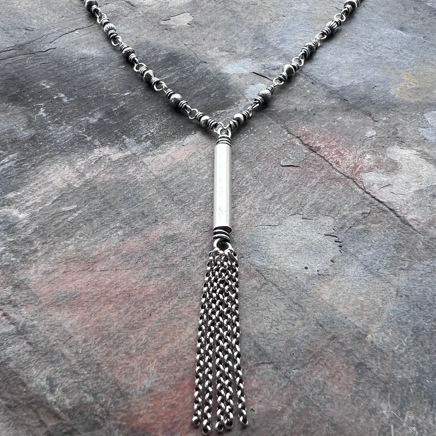 Sterling Silver Beaded Tassel Necklace | Long Wire-Wrapped Drop Pendant