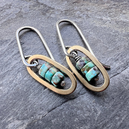 Turquoise Sterling Silver Earrings | Mixed Metal Brown Matrix Turquoise Small Dangles