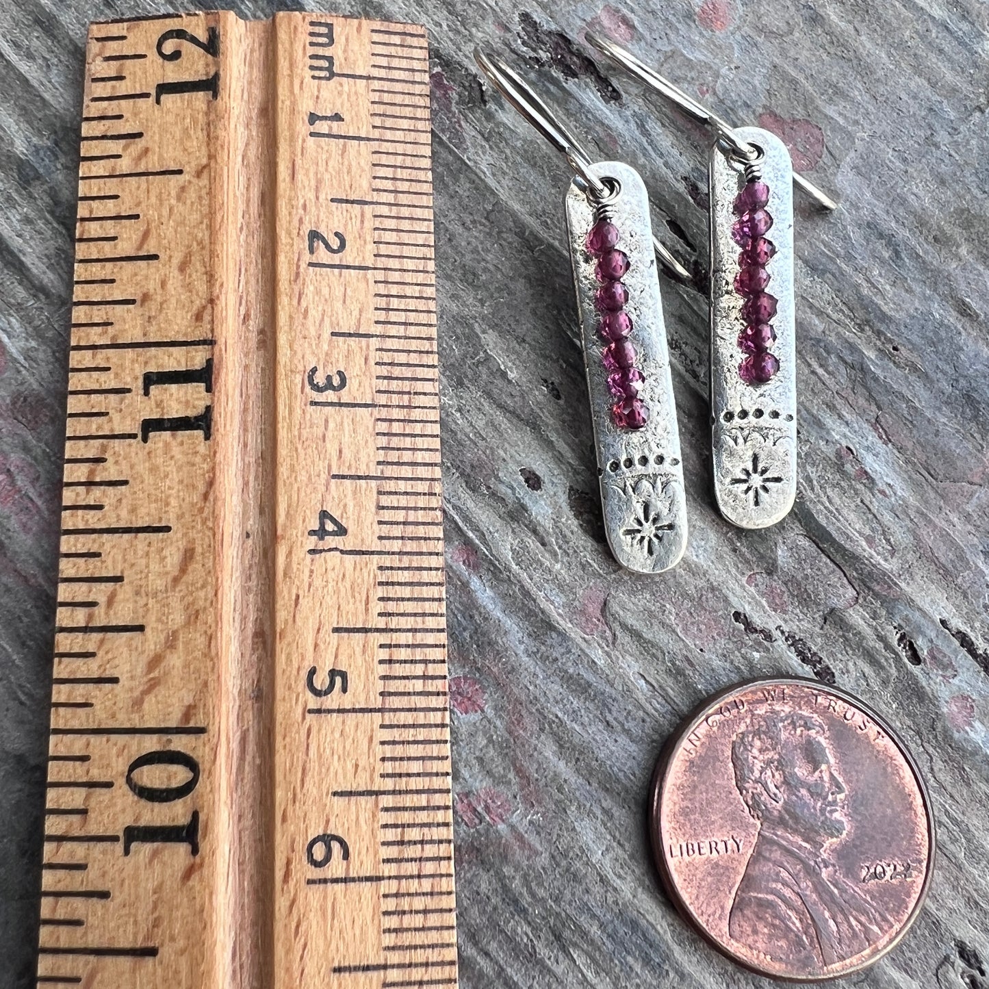 Garnet Sterling Silver Earrings | Stamped Silver and Genuine Garnet Elongated Dangles