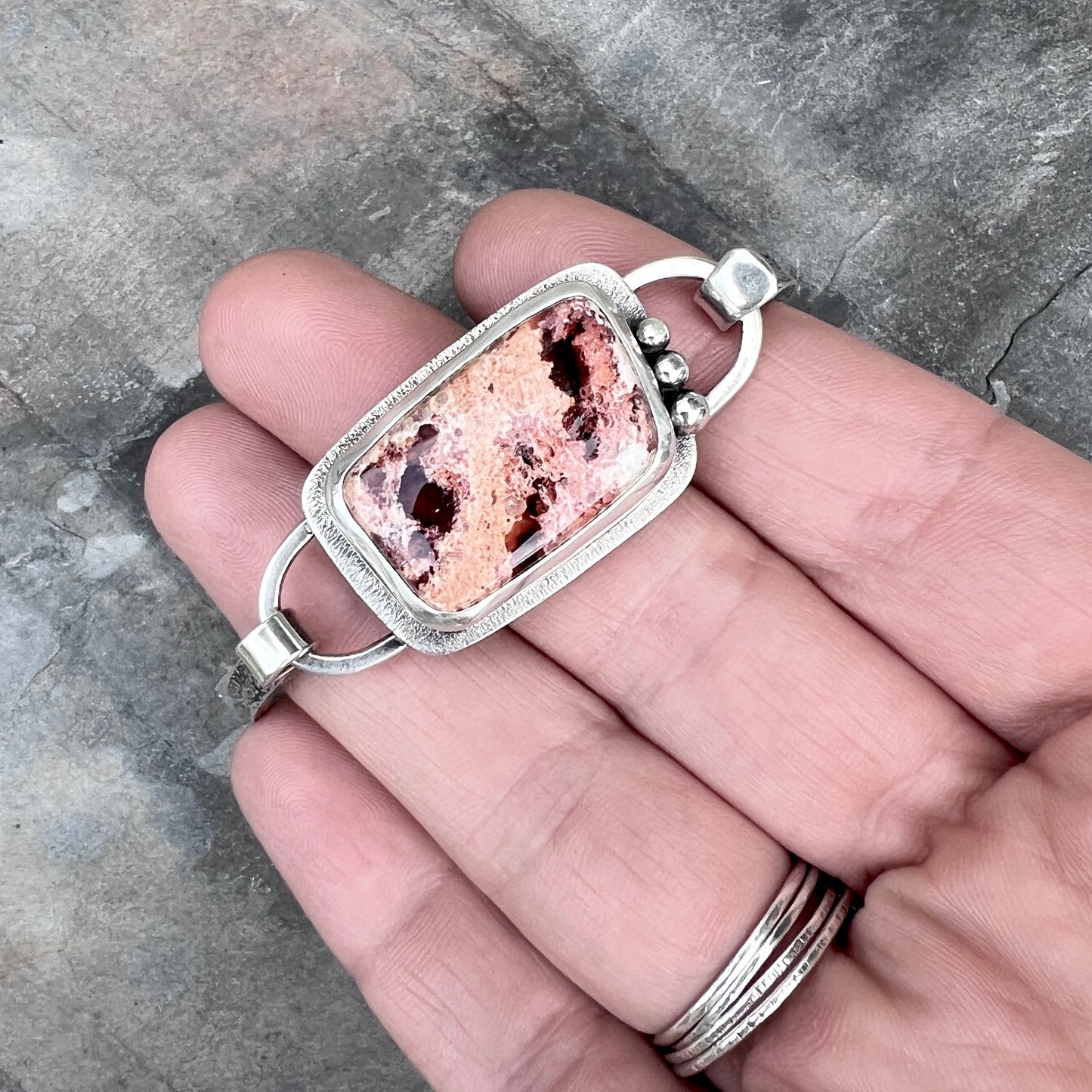 Sterling Silver Mexican Fire Opal Bracelet | Natural Stone Cabochon Silver Tension Cuff Bracelet