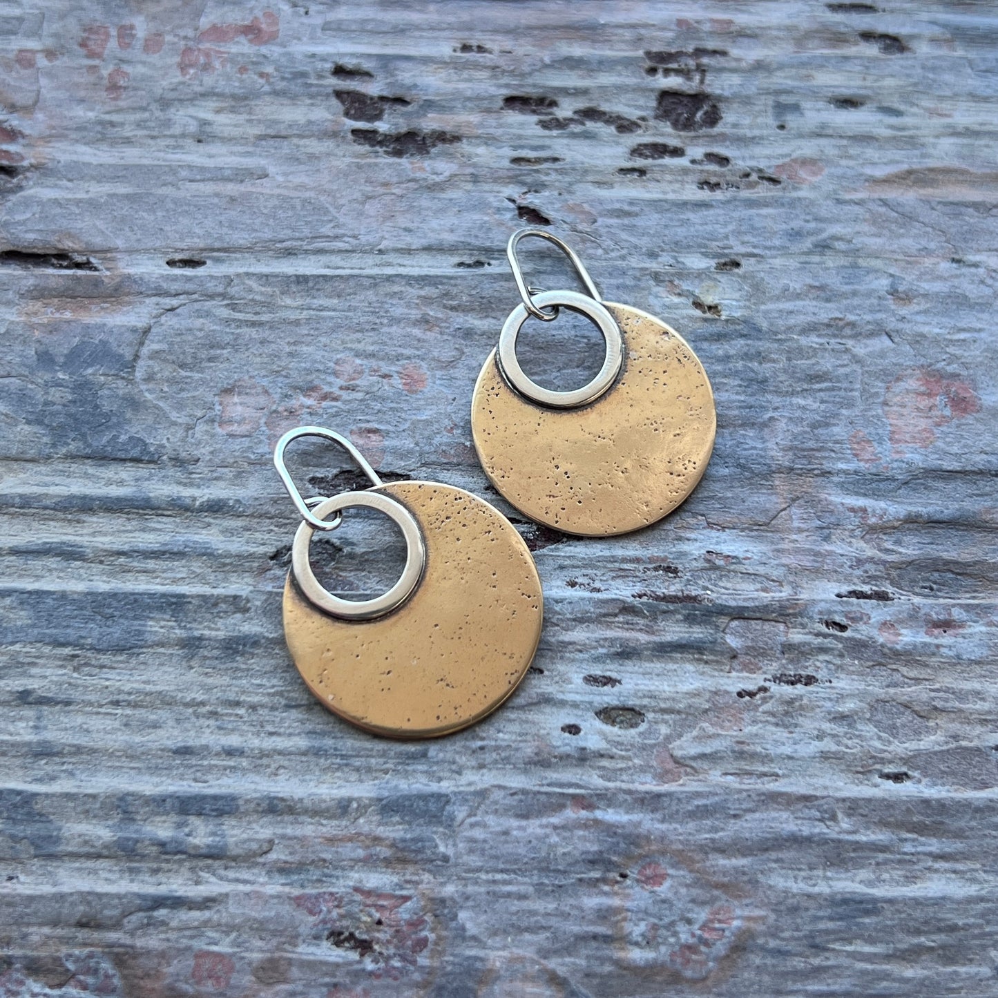 Sterling Silver and Gold Brass Earrings | Mixed Metal Modern Circle Dangle Earrings