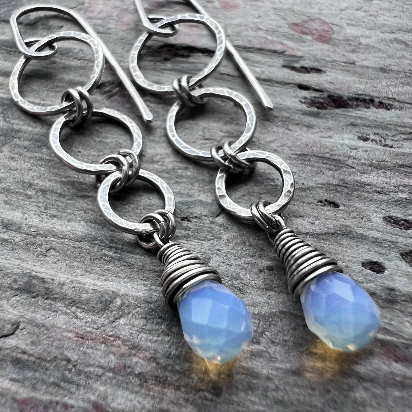 Sterling Silver Opalite Earrings | Opalite Teardrops on Hammered Rings Long Dangle Earrings
