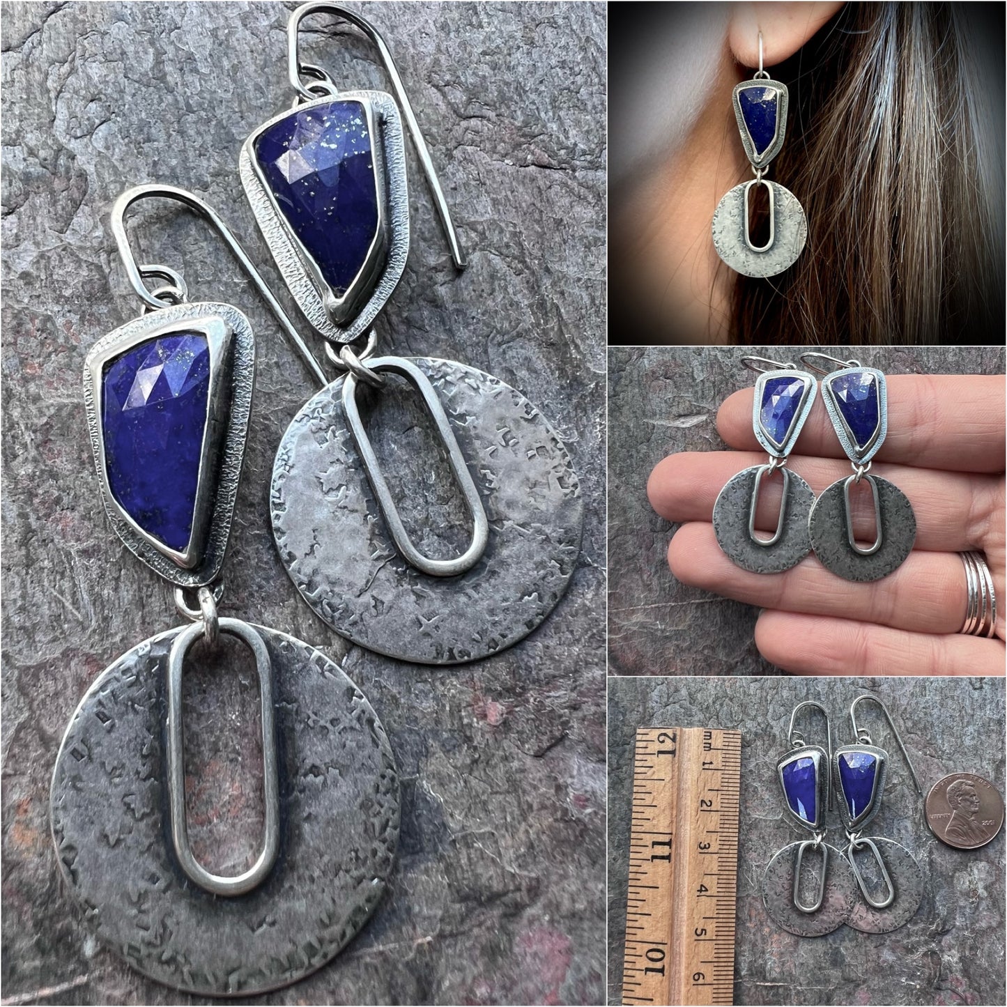 Sterling Silver Lapis Earrings Genuine Lapis Lazuli Blue Natural Stone Modern Statement Earrings One of a Kind