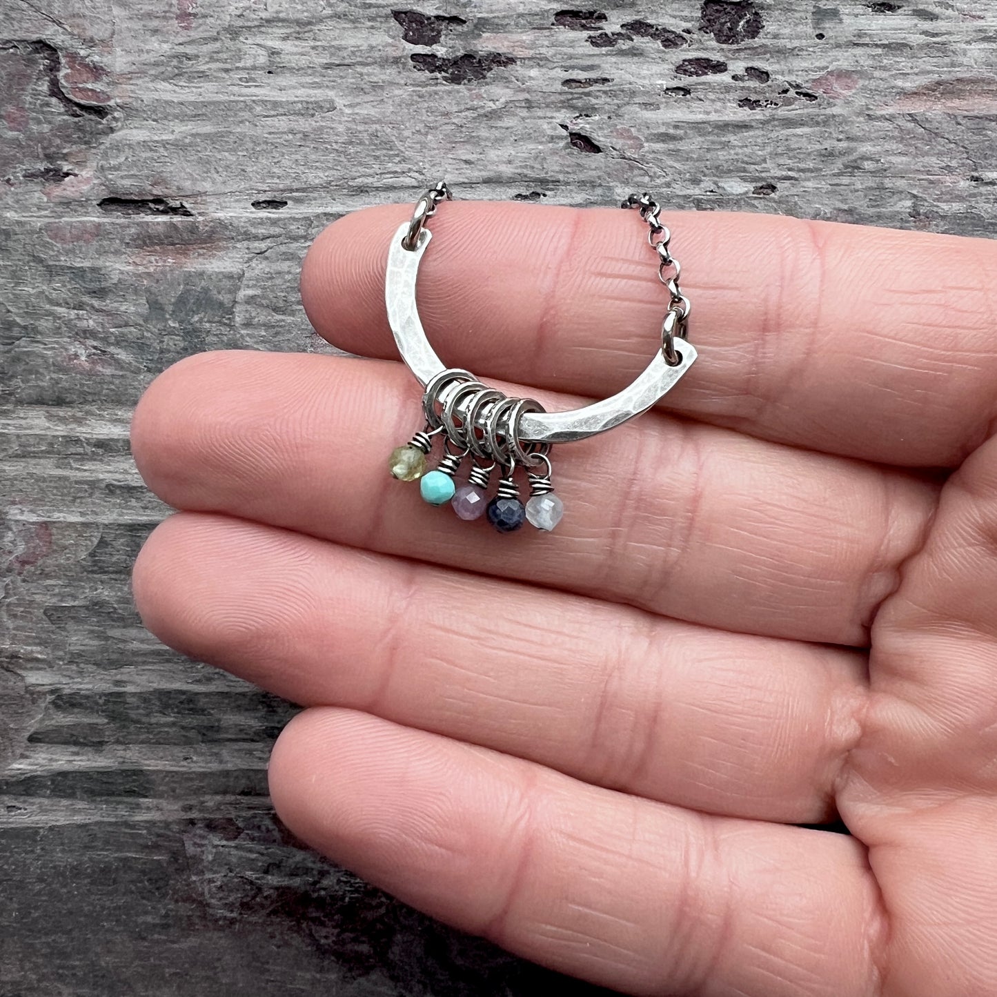 Customizable Sterling Silver Birthstone Necklace | Genuine Gem Charms on Hammered Curve Pendant