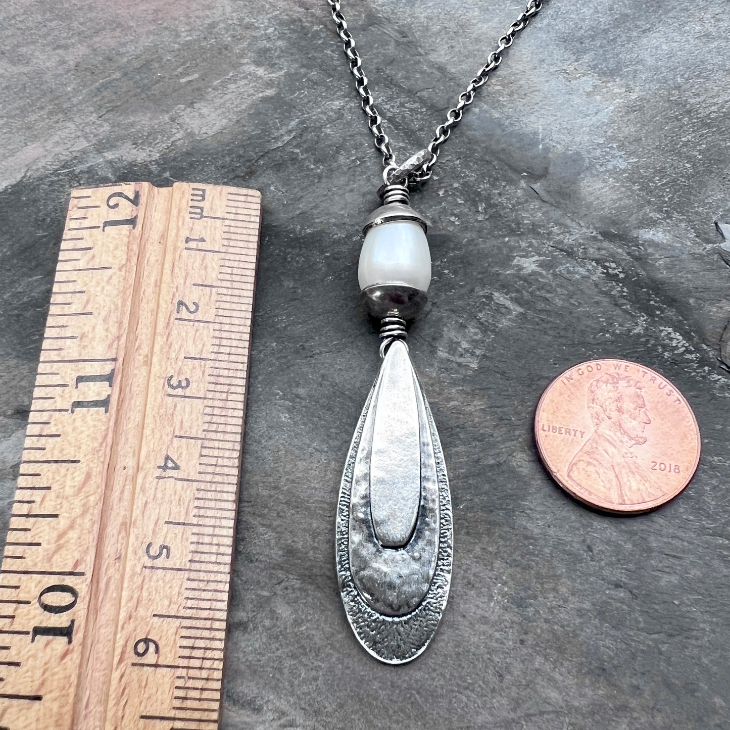 Sterling Silver Teardrop and Pearl Necklace | Hammered Teardrop and White Pearl Pendant