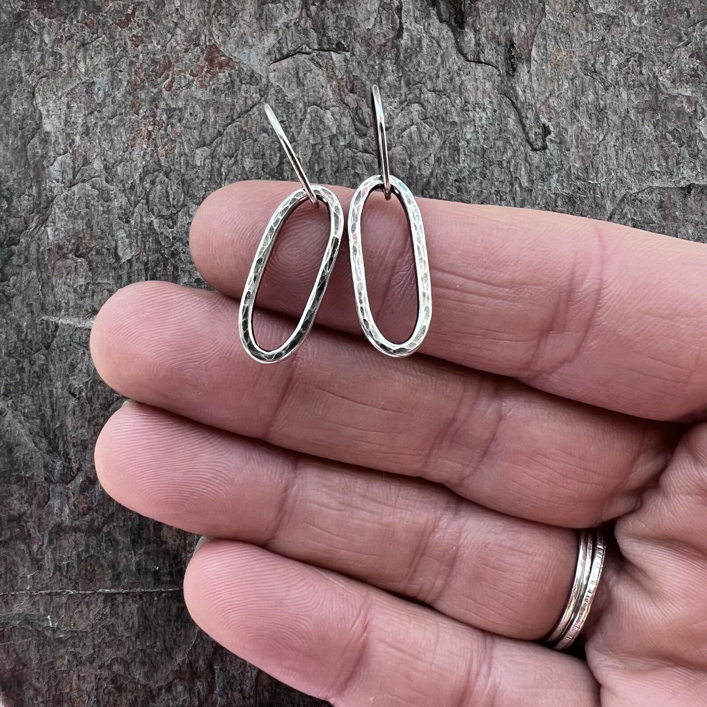 Long Link Sterling Silver Earrings Minimalist Solid Silver Hammered Dangle Drop Earrings