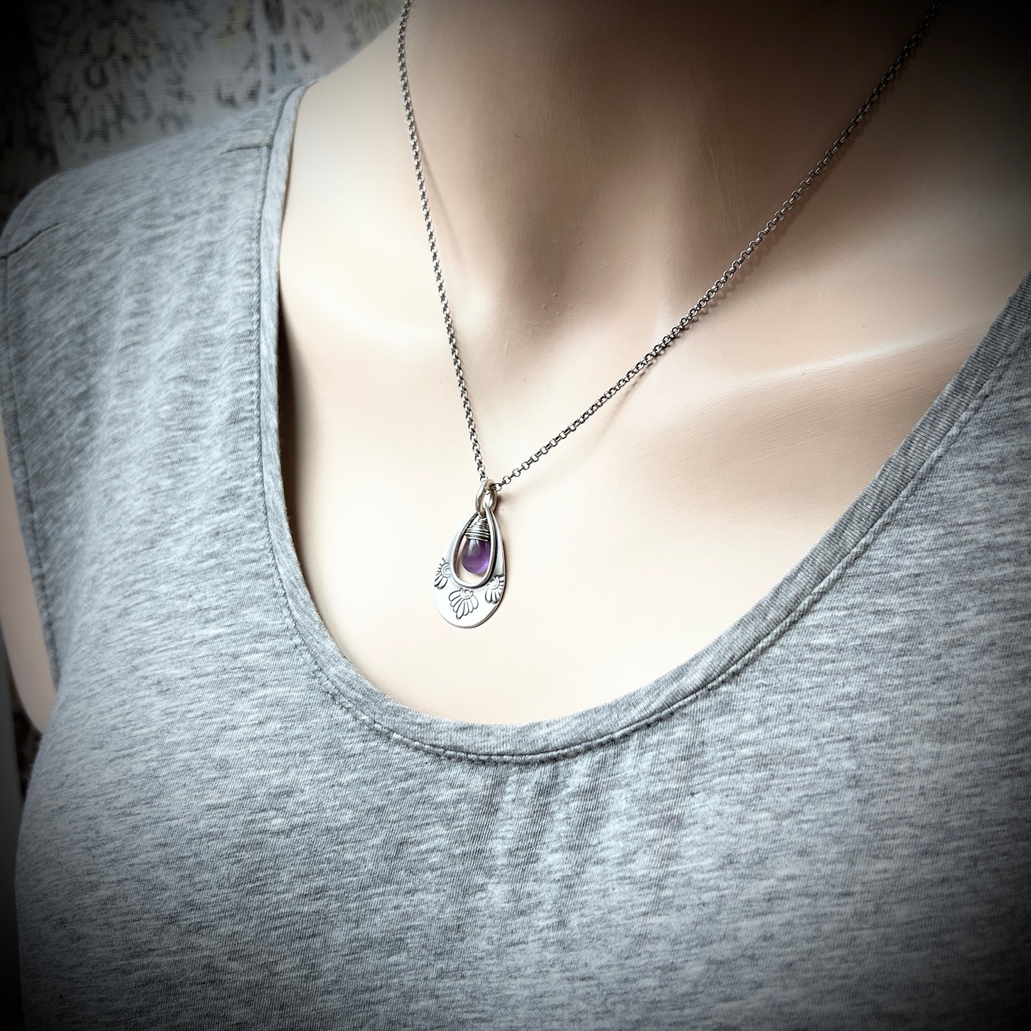 Genuine Amethyst Sterling Silver Necklace | Purple Teardrop Stamped Pendant